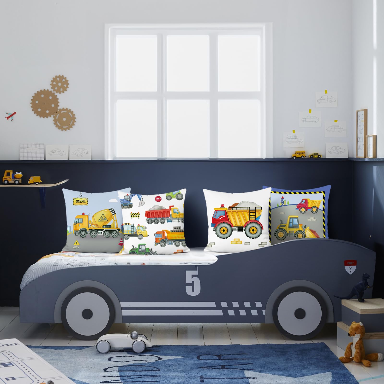 Bonhause Federe per Cuscini Bambini 45 x 45 cm Copricuscini Decorativi Camion Giocattolo Federa per Cuscino Divano Letto Camera dei Bambini Casa Decorazione Set di 4