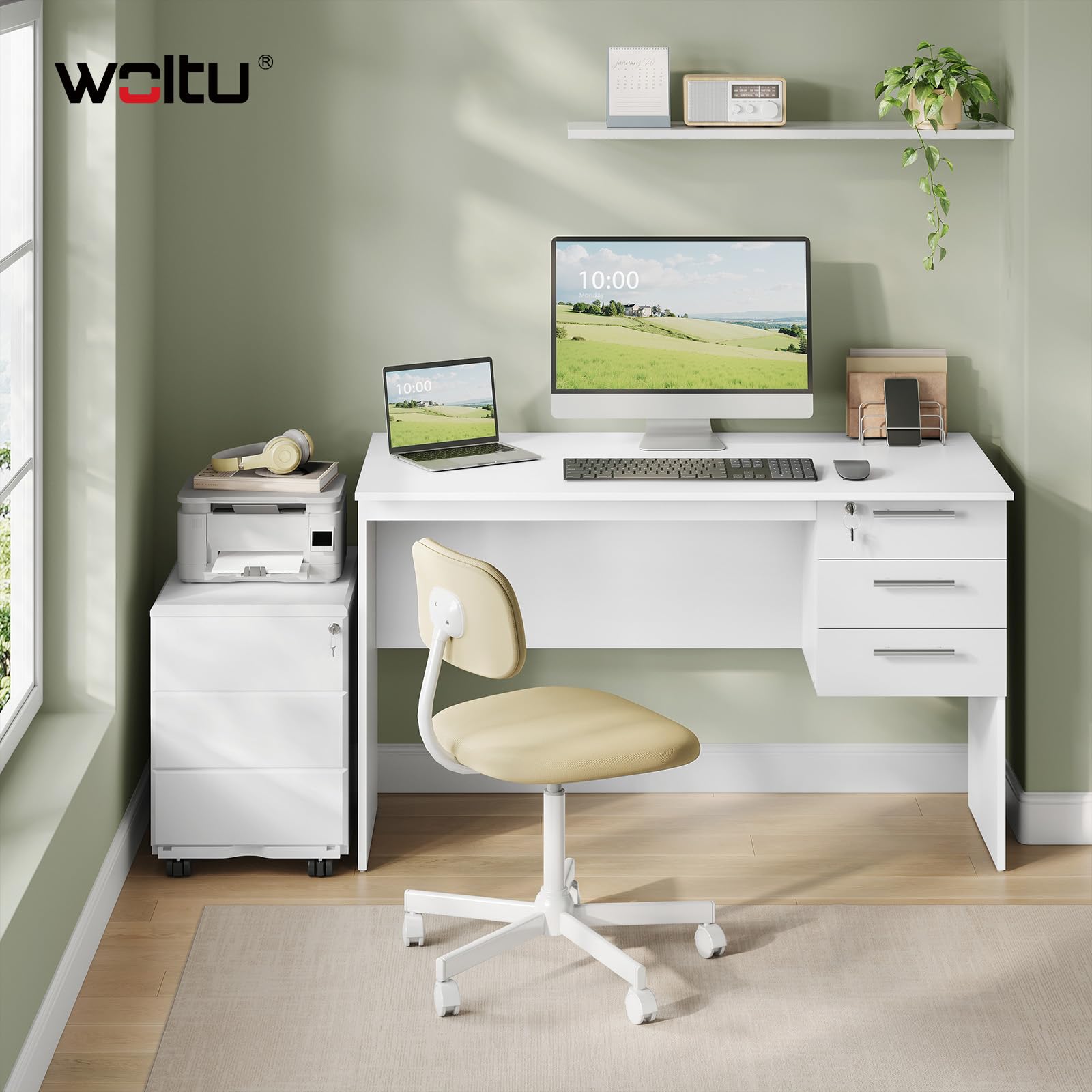 WOLTU Scrivania con 3 Cassetti, 120x60 cm, Bianco, Tavolo da Lavoro, Scrivania per Computer, Porta PC in Legno