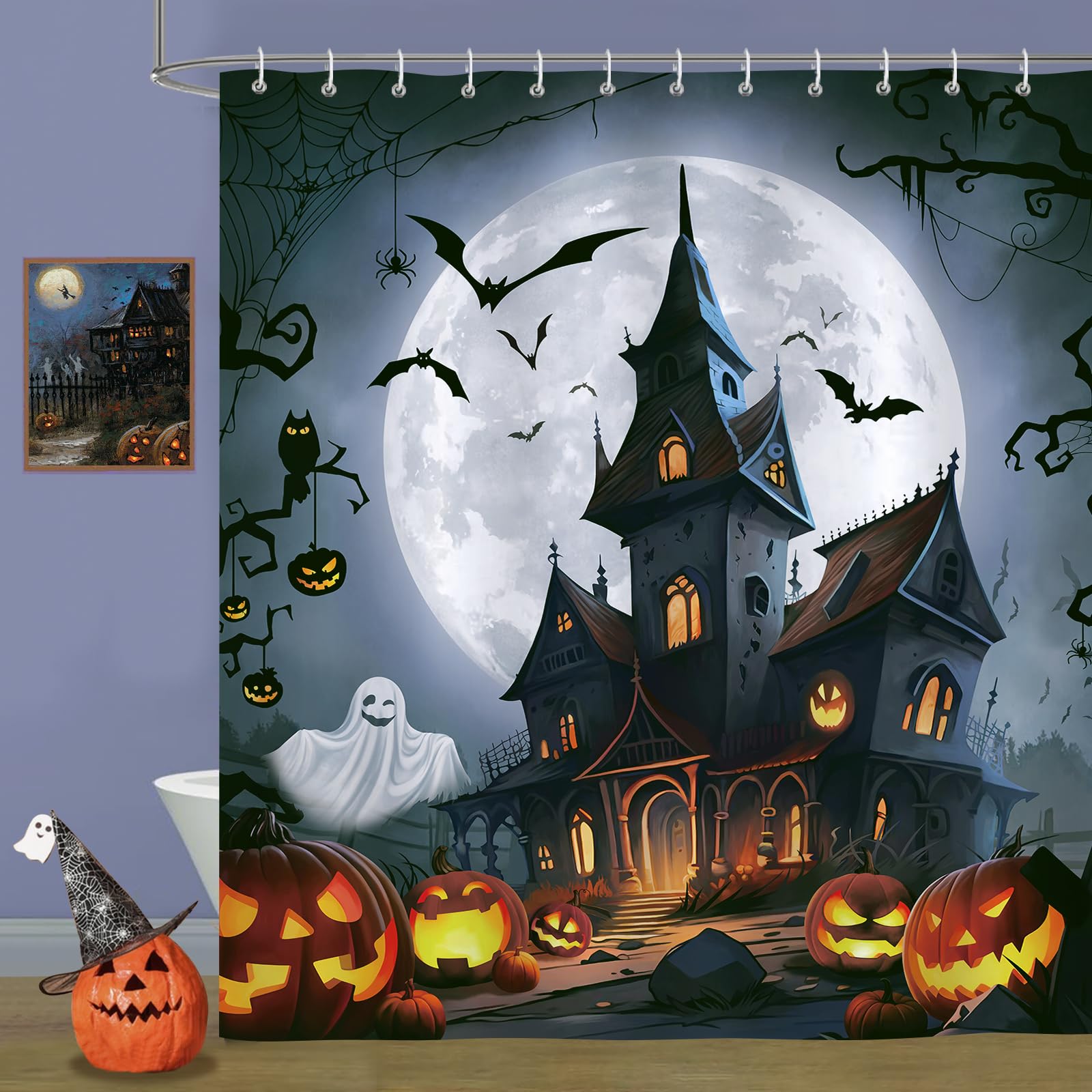 Bonhause Halloween Shower Curtain, Spooky Castle Ghost Pumpkin Lantern Bat Full Moon Bathroom Curtain 72x72 Inch Polyester Fabric Waterproof Bath