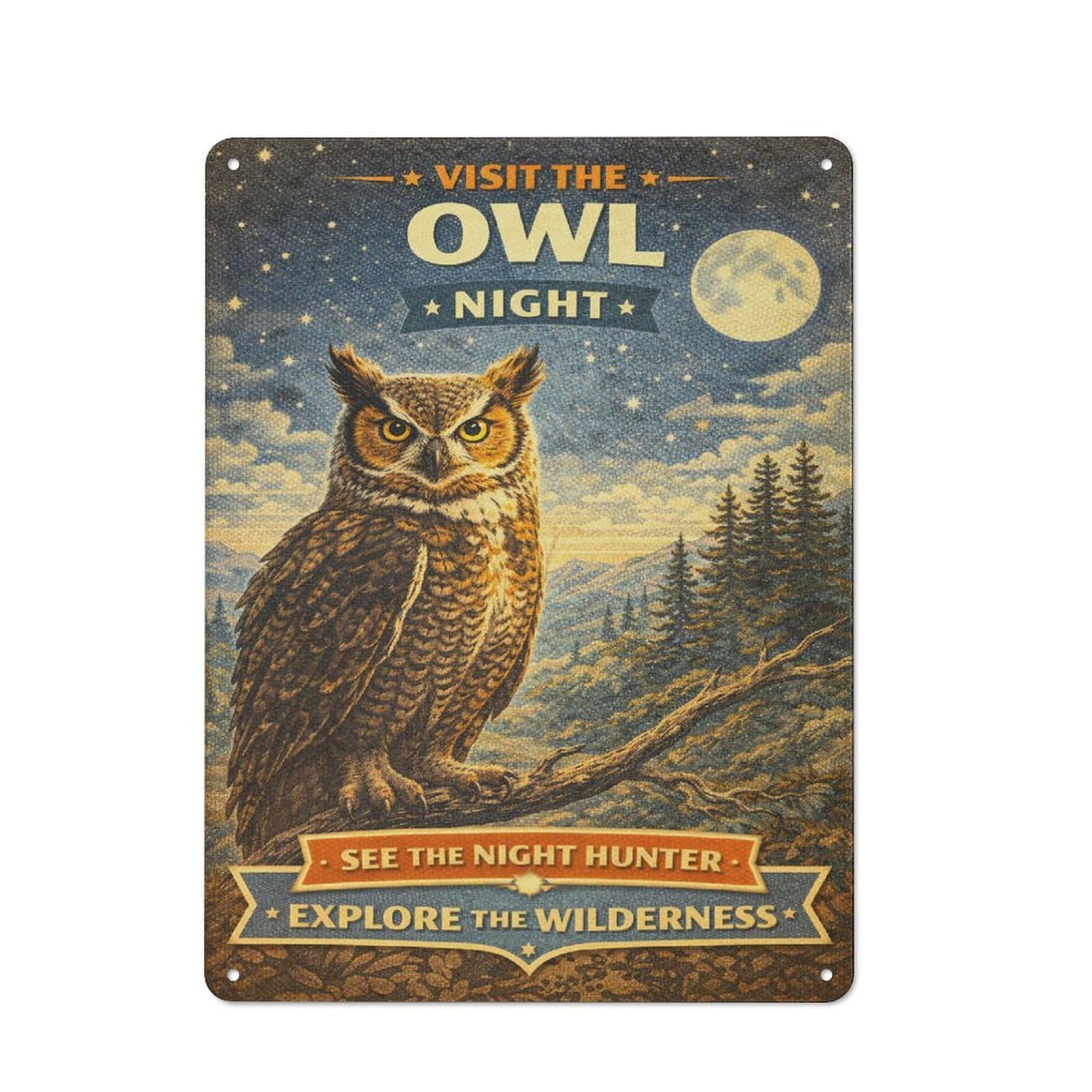 Vintage Owl Night Vintage Metal Wall Decor 40x30cm, Tin Sign for Cafe, Pub, Workshop Or Home Bar, Small Accent for Blank Walls