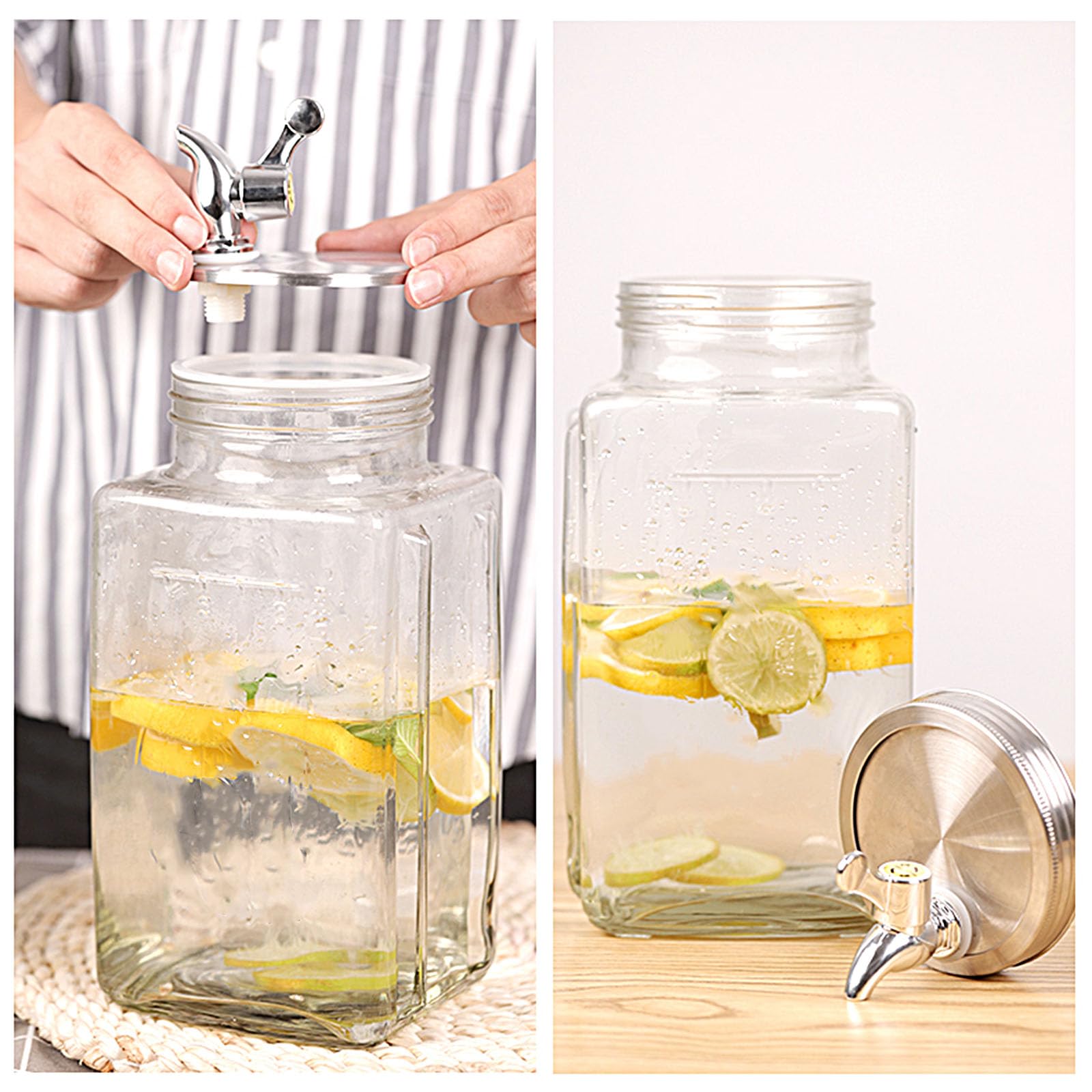 Getränkespender,Glaskaraffe Mit Deckel,Glaskrug Mit Wasserhahn Und Deckel Aus,Getränkekaraffe Glaskrug Für Kalt & Heiß Wasser Eistee Kaffee Milch Saft,Faucet,3L