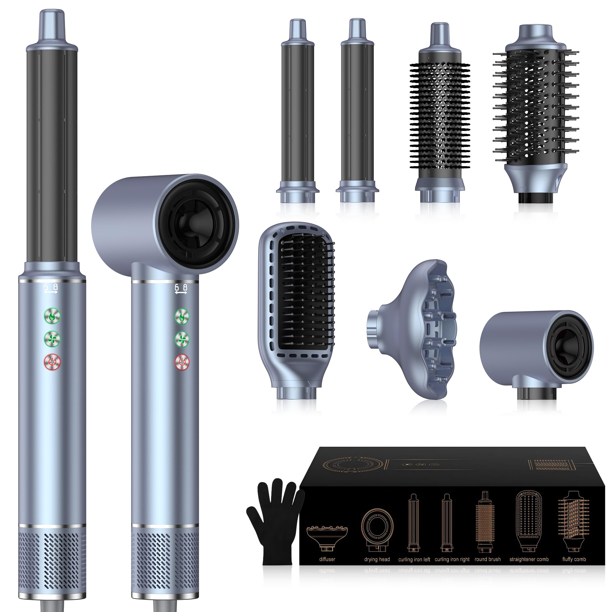 OKWRAP Haarstyler Hair Styler Set 7 in 1 Hairstyler With 110000 U/Min Hochtouriger Motor Haartrockner Warmluftbürste 320 Millions lonic Rundbürstenföhn Mit lockenstab mit luft Glättbürste Licht Leise