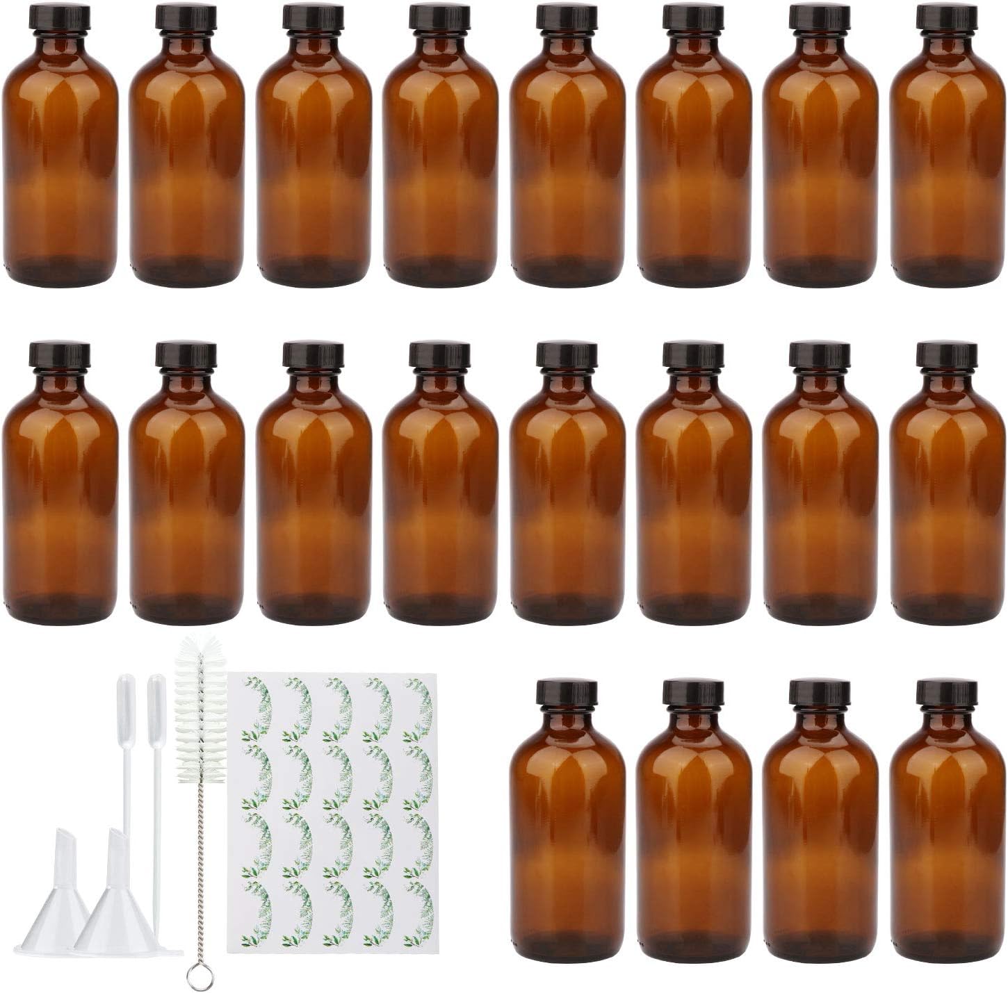 Maredash 8oz Amber Glass Bottles, 20 Pack Glass Storage Bottles with Black Lids (Brown, 20 Labels, with Funnels, Droppers and Brush)