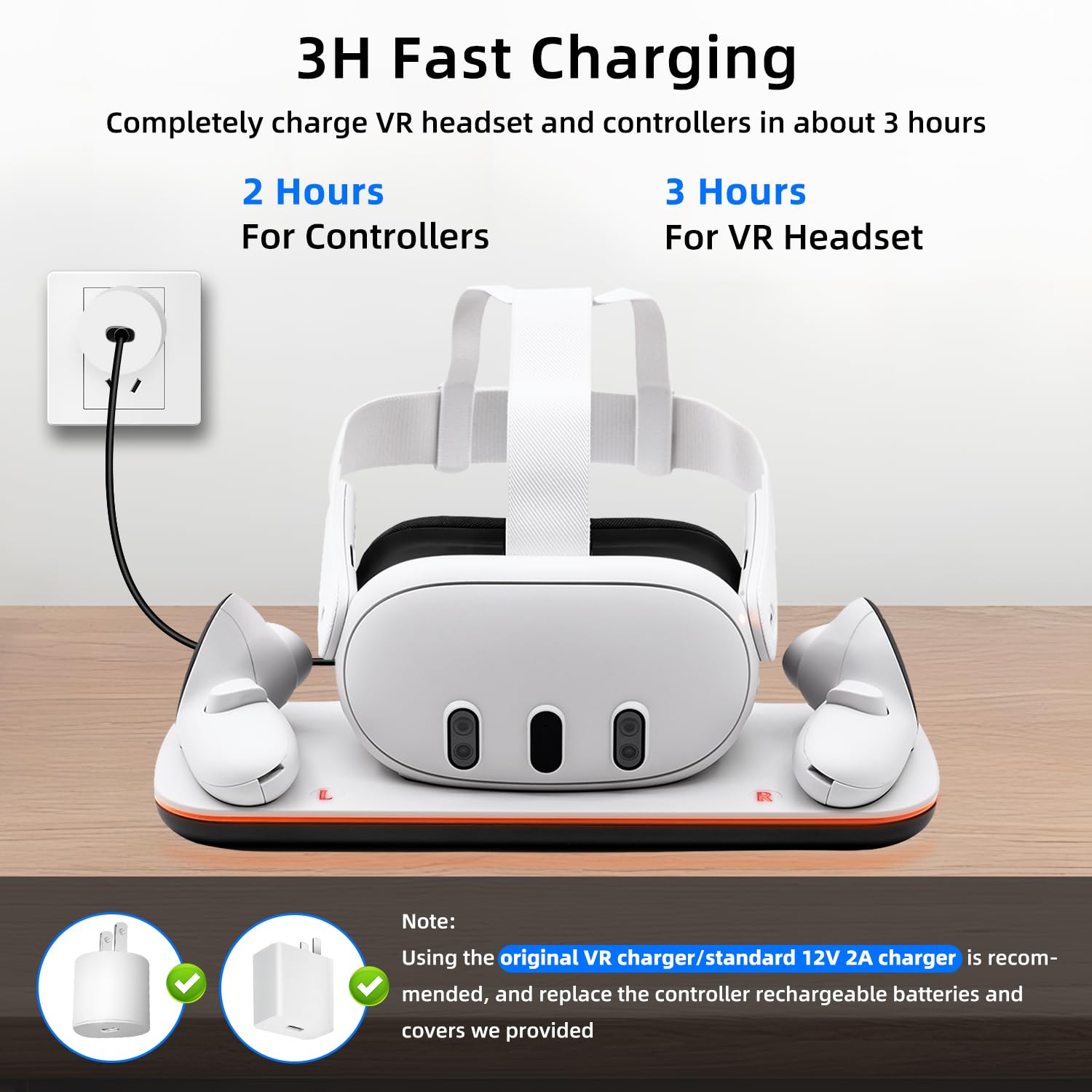 Mcbazel Controller Charging Dock for Q3/3S, VR Charging Station with LED Light for Q3/3S, Charger Display Stand with 2 * 600 mAh Rechargeable Batteries, Type-C Charging Cable - White