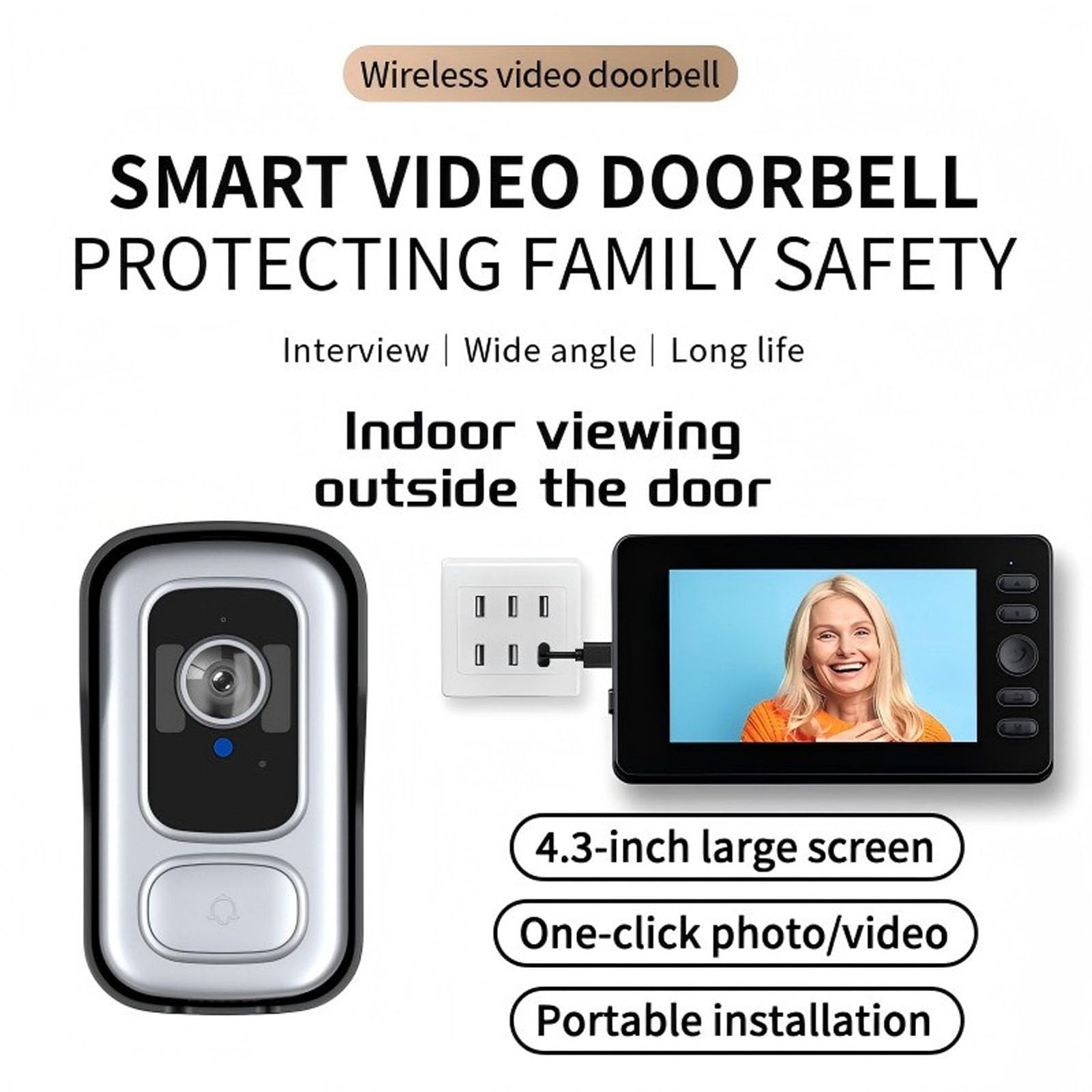 Cuifati Timbre con Video Inalámbrico, 1080P HD 110° Gran Angular Timbre con Video WiFi Inteligente, System de Intercomunicación con Videoportero Inalámbrico con Pantalla de 4.3 "para