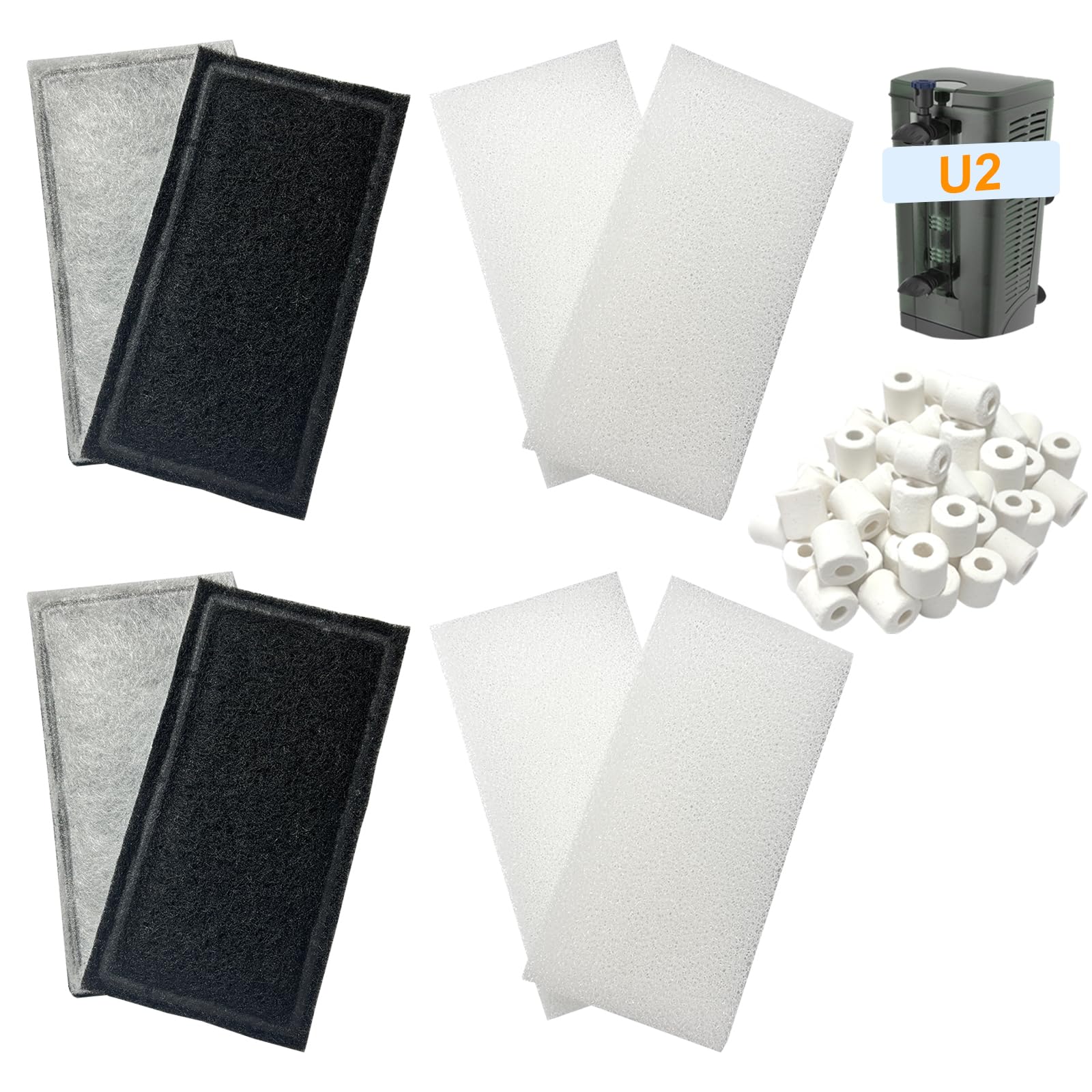 9 Pack Aquarium Filter Media Kit Compatible with Fluval U2 Underwater Filters, Freshwater and Saltwater Aquarium Filters, Includes 4 Carbon Foam Filter Pads, 4 Sponge Filters and 1 Ceramic Ring