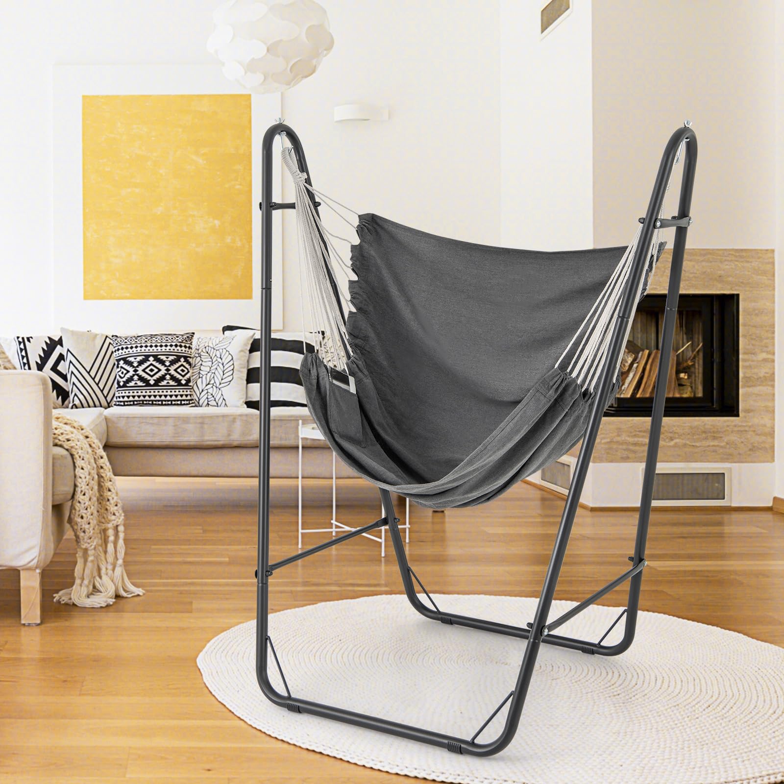 COSTWAY Silla Hamaca con Soporte, Silla Colgante con Estructura Metálica y Bolsillo de Almacenamiento Lateral, Carga de 120 kg, Hamaca Columpio Interior Exterior para Salón Dormitorio Patio