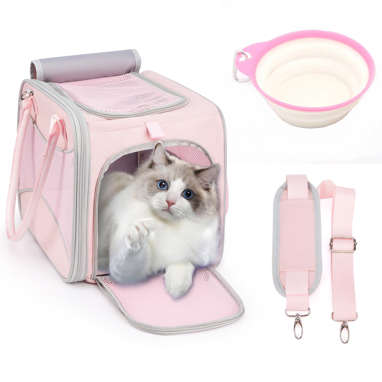 Transportador para gatos, bolsa portátil para mascotas, aprobado por aerolíneas, máximo 15 libras, transportador de gatos de lados suaves con diseño de marco exterior sólido, cuenco plegable,