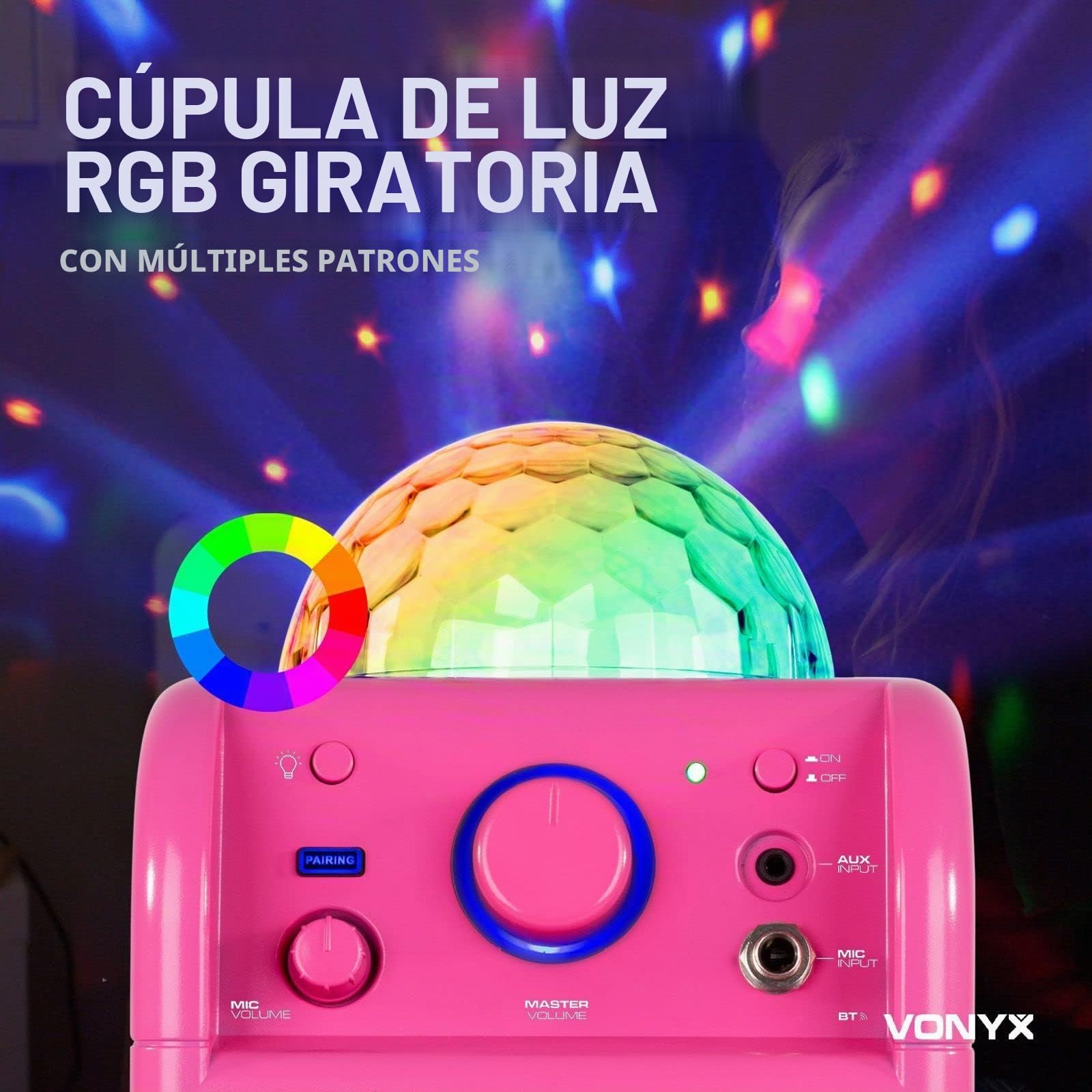 Vonyx SBS50P Altavoz portátil Set de Karaoke para Fiesta con micrófono y Efecto Eco, Bluetooth, Bola de Discoteca con Efectos de Luces LED, Entrada Auxiliar - Rosa