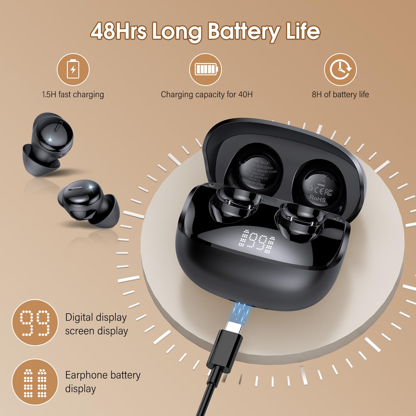 Auriculares para Dormir, inalámbricos Bluetooth 5.4 Mini Auriculares para Dormir de Lado, Silicona líquida/Ruido Blanco, Audífonos Bluetooth para Dormir para Entrenar, Trabajar, Viajar, Negro