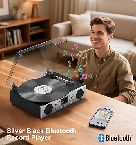 Miniatura 5 de VinylsLink - Tocadiscos con altavoces integrados, tocadiscos accionados por correa, soporte de 3 velocidades, radio FM y recepción Bluetooth, salida