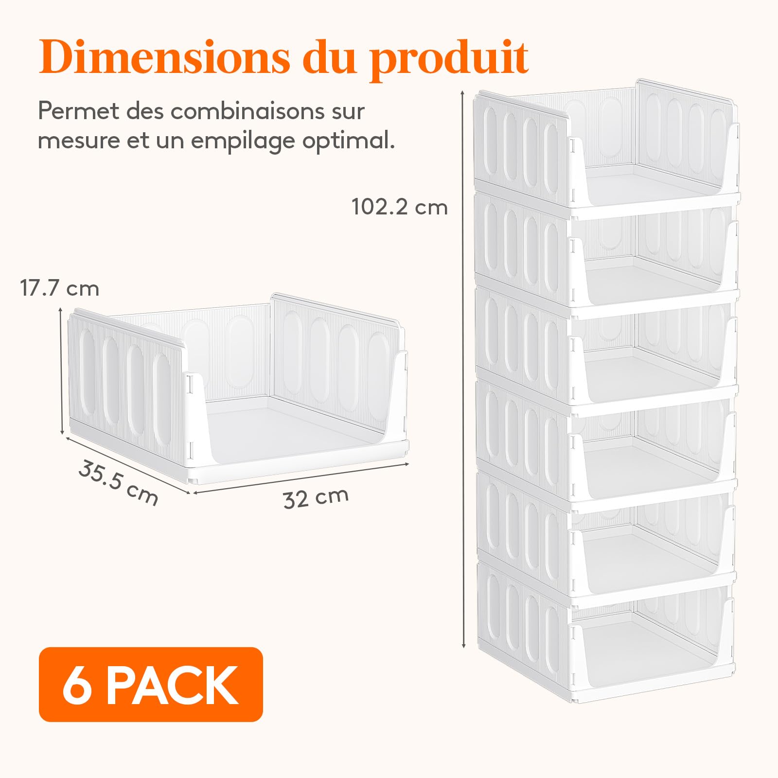 Lifewit Boîtes de Rangement pour Vêtements, Organisateur de Penderies Empilables, Blanc Bacs Individuels en Plastique, Idéal pour Placard de Cuisine, Armoire de Camping et Salle de Bain, 20L, Lot de 6