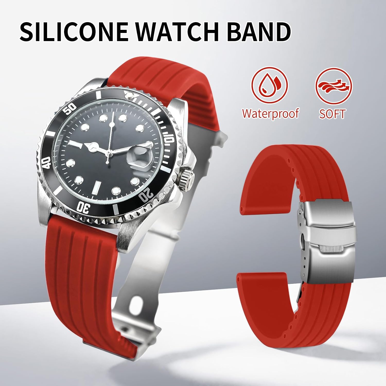 Silicone Watch Strap Replacement Rubber Watch Band Waterproof Stripe Pattern - 14mm, 16mm, 18mm, 20mm, 22mm, 24mm Watch Bracelet with Stainless Steel Deployment Buckle image 2