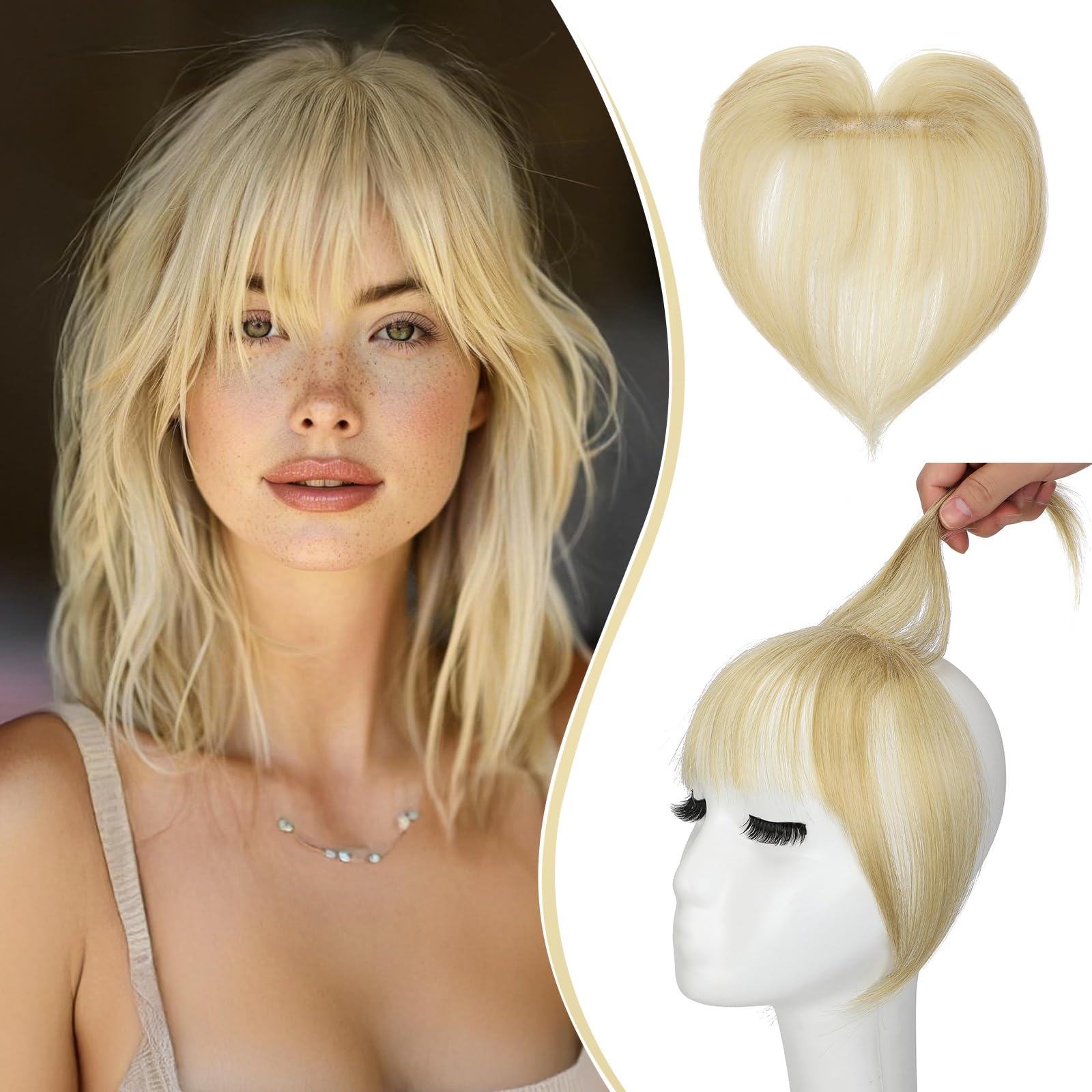 FELENDY Hair Toppers For Women, Ash blonde mix Bleach Blonde Clip in Bangs, 360 3D Cover Hairline Topper, Fake Bangs Fringe Hair Extensions with 3 Secure Clips Wipsy Bang