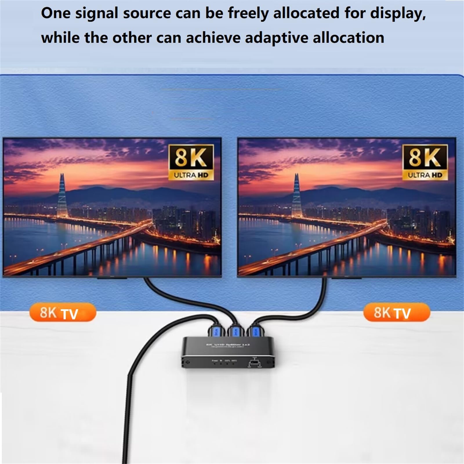 Divisor HDMI 8K 1 en 2 salidas con adaptador de corriente CC 5 V y cable compatible con conexión de la serie HDMI, adecuado para reproductores Blu-ray para PS4 Pro para PS3