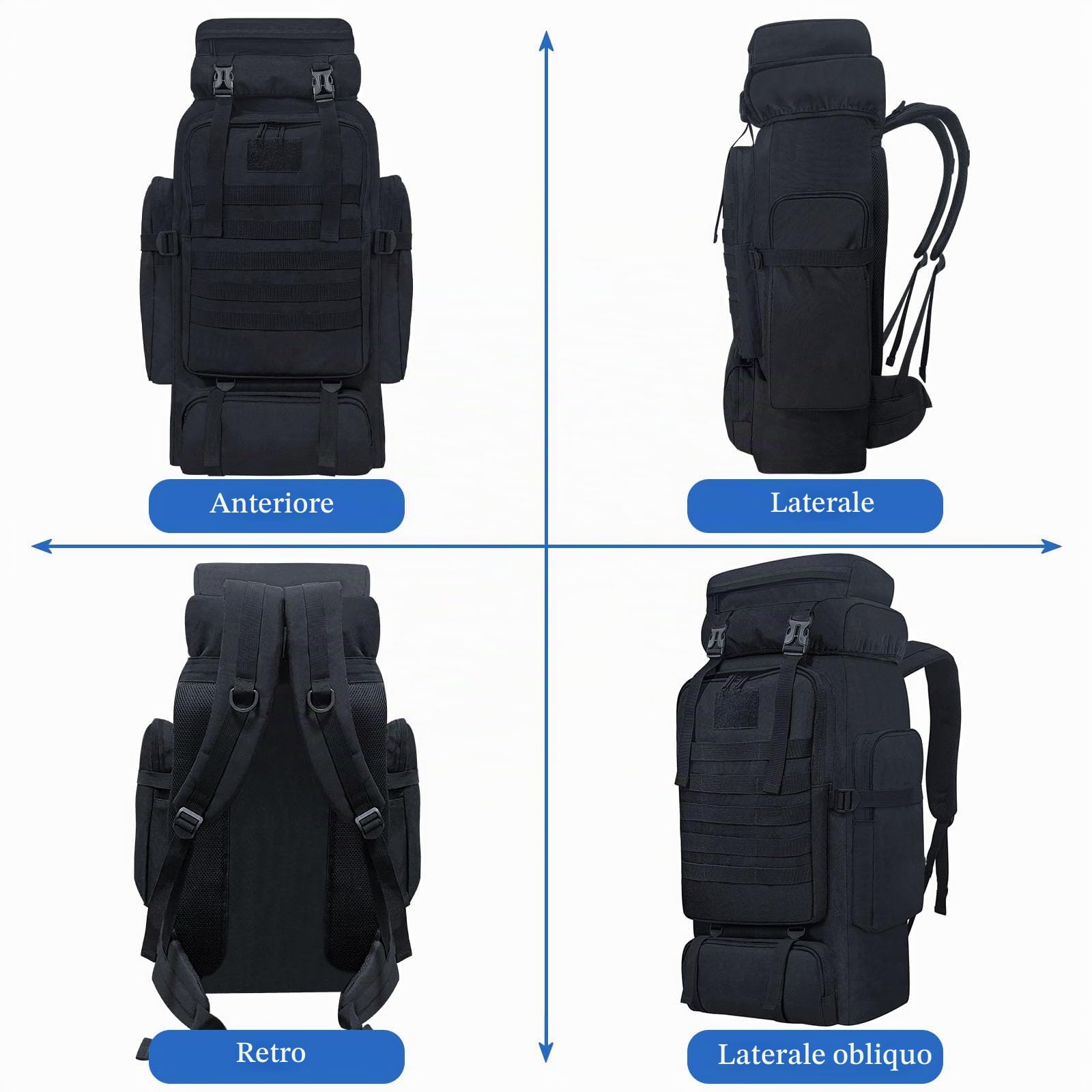 80L Campeggio Trekking Zaino, Zaino Tattico Militare Molle, Grande Zaino da Trekking Resistente all'Acqua, Zainetto Sport all'Aria Aperta, Borse Sportive Regolabili (Nero)
