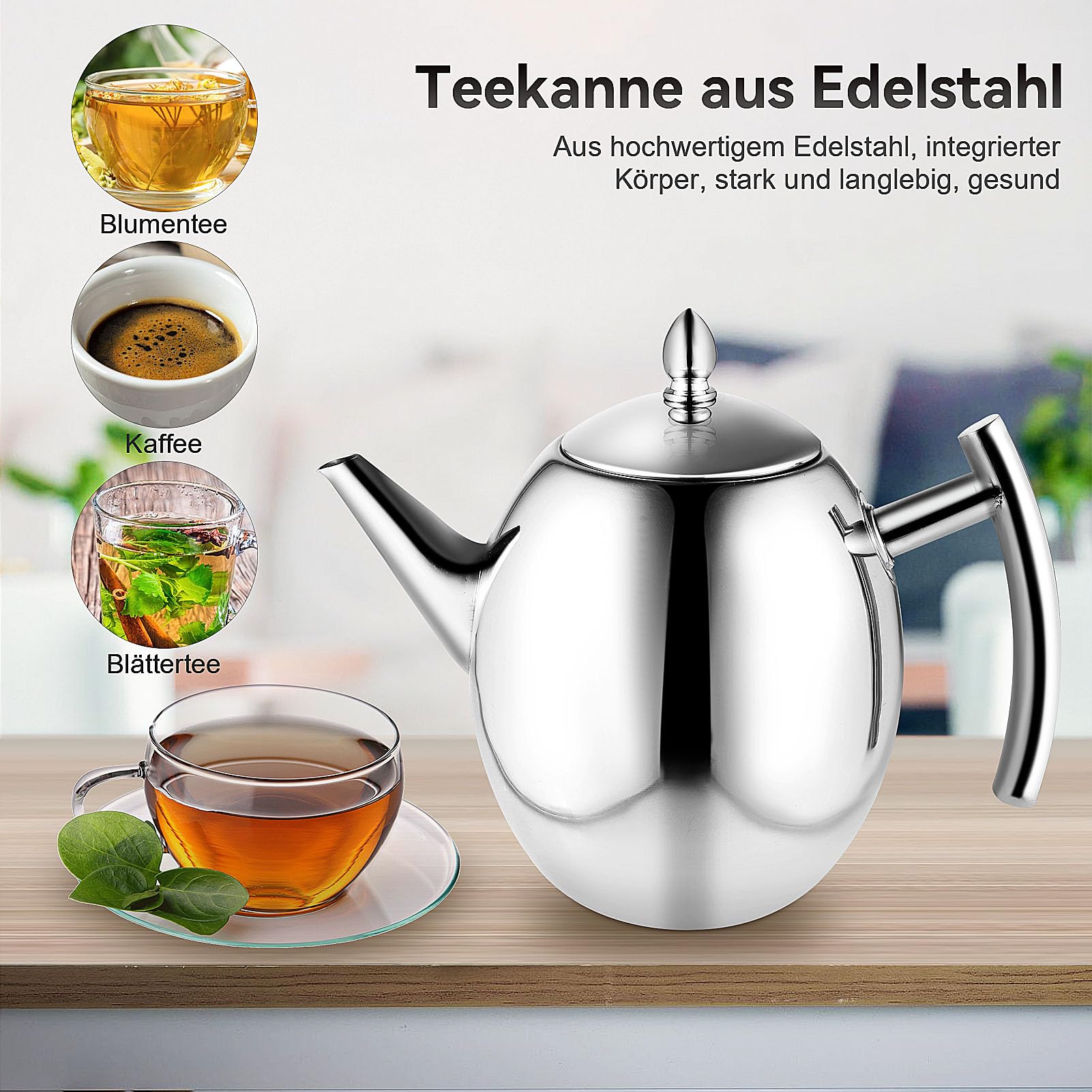 Shoze Edelstahl Teekanne mit Siebeinsatz 1.5L Teebereiter Tragbar Teekrug mit handhaben für Teekrug Camping Reisen Büro Sich Ausruhen (Silber)