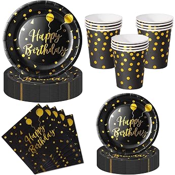 Nkaiso Pack of 50 Black Gold Paper Plates Birthday Set
