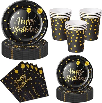 Nkaiso 50 Pcs Black Gold Birthday Plates and Napkins Set for 10 Guests