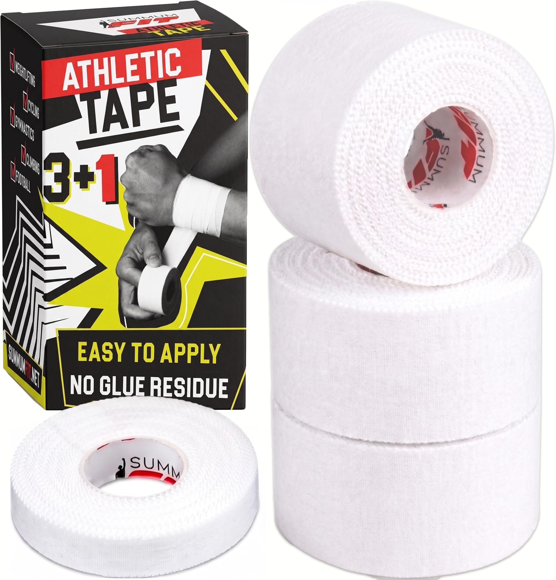 White Athletic Tape Extremely Strong: 3 Rolls + 1 Finger Roll. Easy to Apply & No Residue. Sports Tape Athletic for Boxing Football Climbing or Gymnastics for Wrist Ankle & Hand Protection