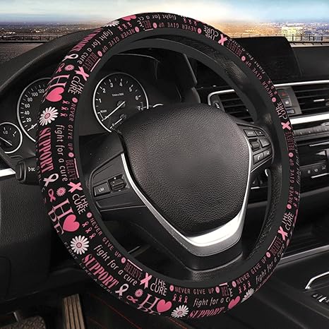 Breast Cancer Hope Support Car Steering Wheel Cover, Pink Ribbon Fight Cure Auto Steering Wheel Protector Universal 15 Inch Car Decor Neoprene Interior Accessories Protection for Women Ladies Girls