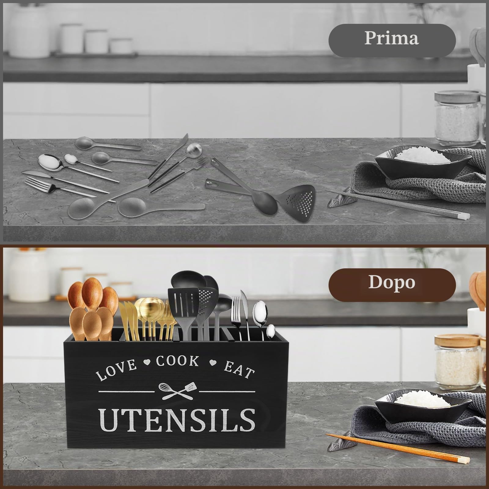 portautensili in legno rustico da cucina, organizer con 4 scomparti e fondo di drenaggio, organizer per posate, organizer per utensili da fattoria (nero)