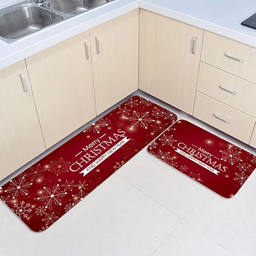 Miniatura 3 de Juego de 2 tapetes de cocina antideslizantes para puerta, diseño de copo de nieve y feliz año nuevo, tapete de goma para interiores