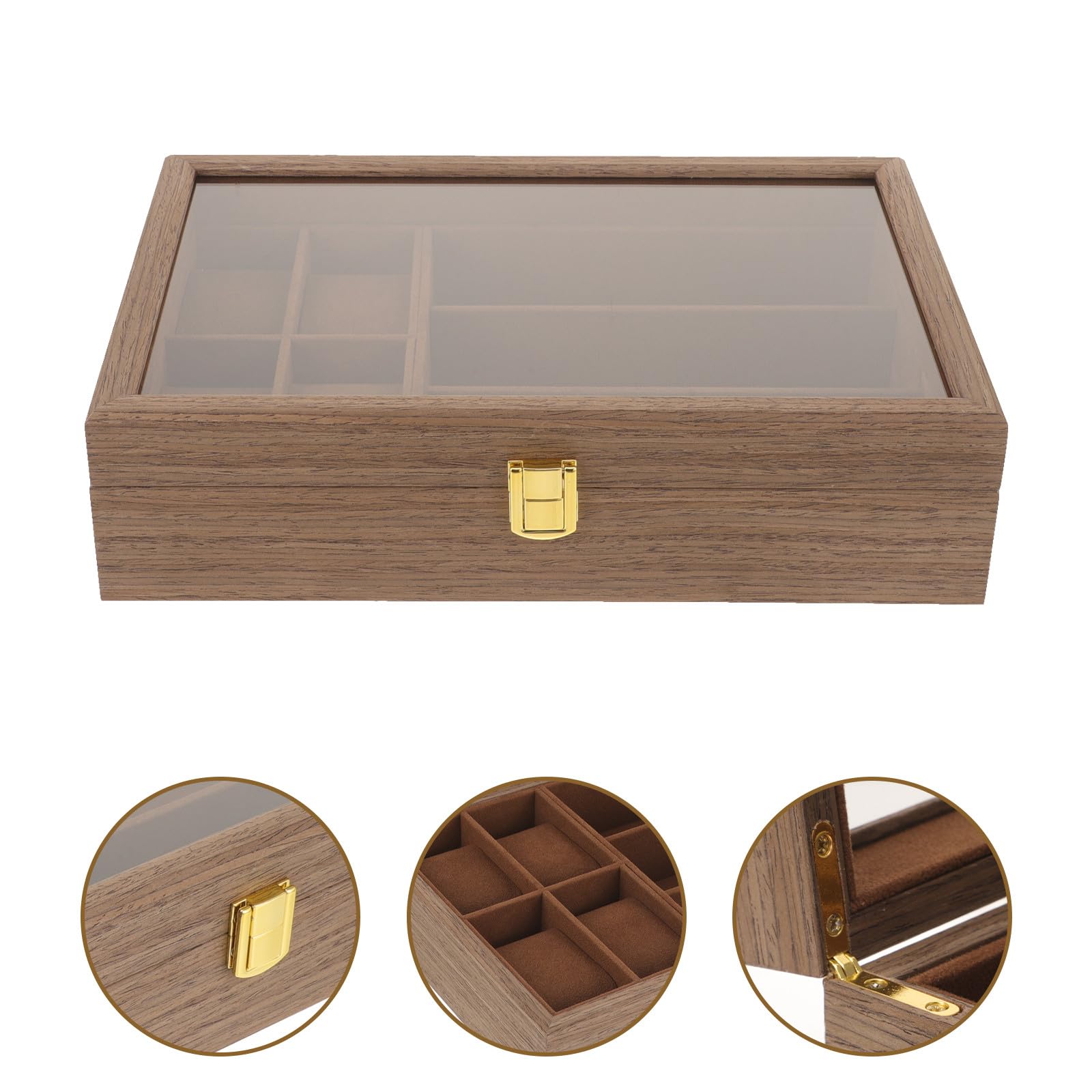 Gatuida Caja para Relojes y Gafas de Madera Marrón Gran Capacidad, Diseño Multi-rejilla, Tapa Incluida, Adecuado para Viajar y Organizar Joyas
