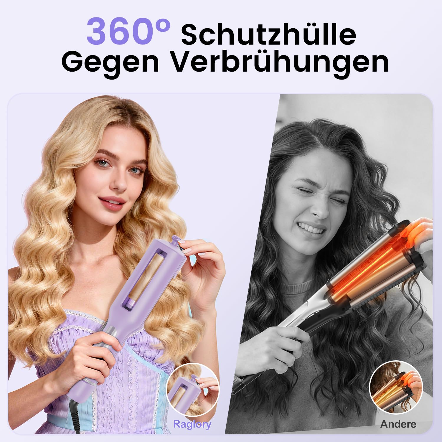 Einstellbar Welleneisen für Haare 4 In 1 Beach Waves Lockenstab 22-38mm 3 Fässer 140-210°C Lila