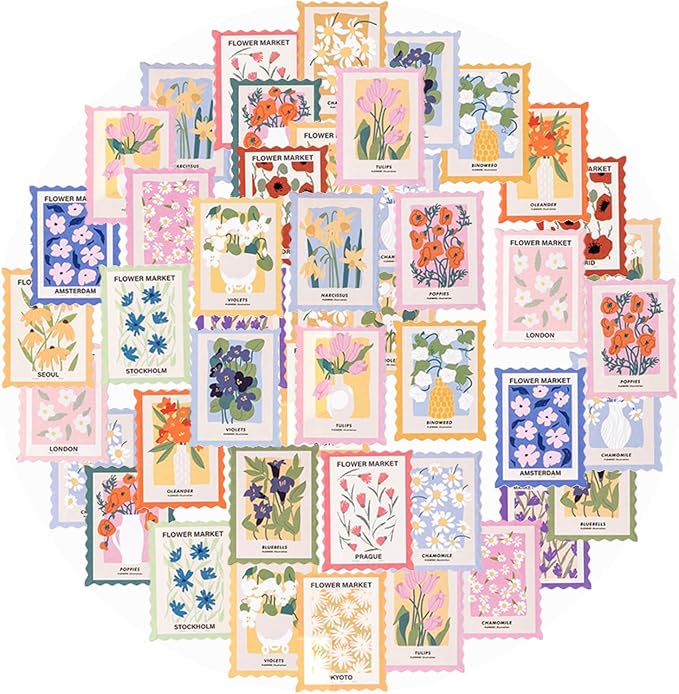 46 Pcs Flower Themed Post Stamp Stickers for Scrapbook Junk Journal Planner Diary Envelope Letter Card Making Collage Gift Wrapping Phone Case Craft Decoration, 23 Patterns
