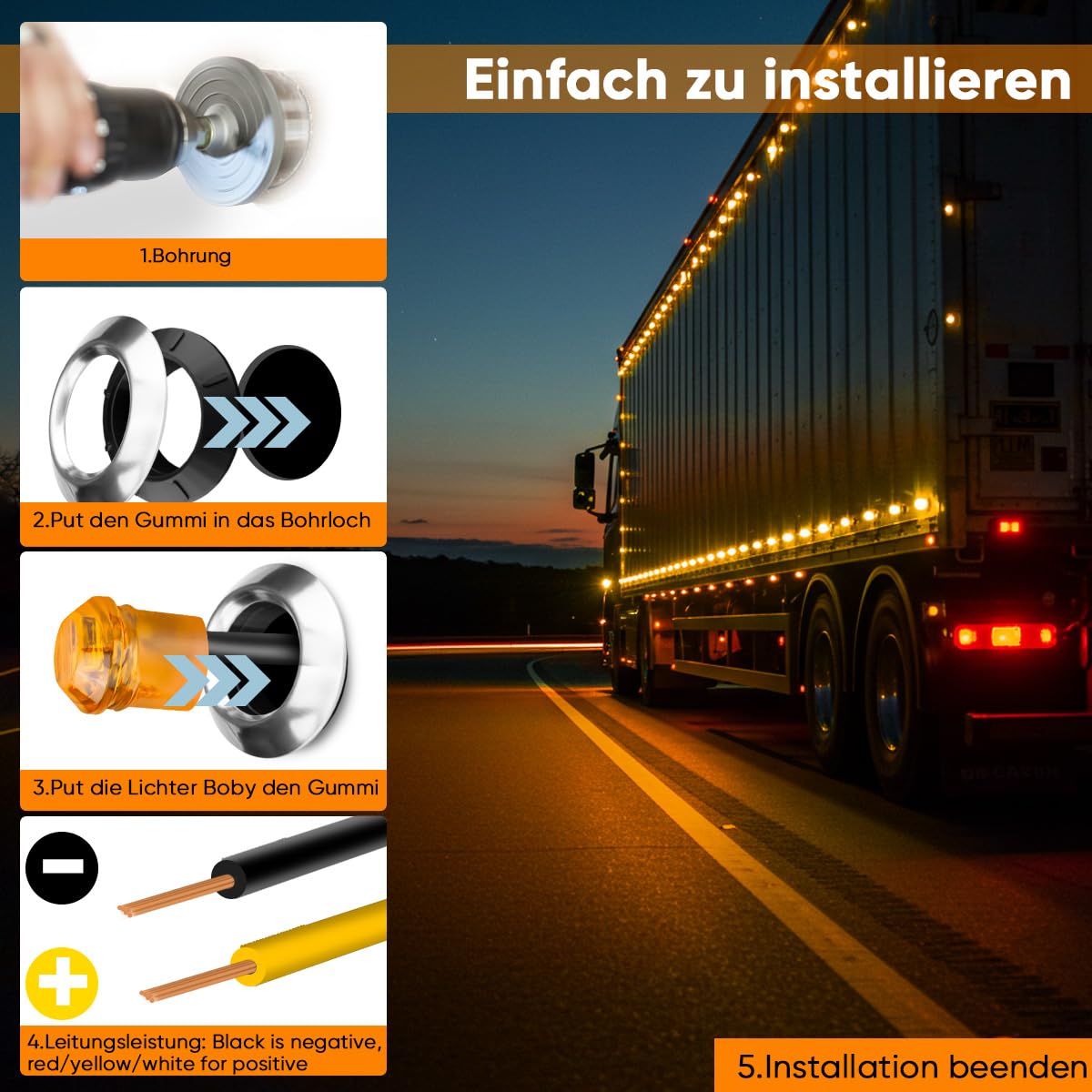 10 sztuk okrągłych świateł bocznych LED 3/4", 1,9 cm, 12 V, 24 V, uniwersalne światła kontrolne, światła pozycyjne do przyczep ciężarowych (żółte, z chromowanymi końcówkami)