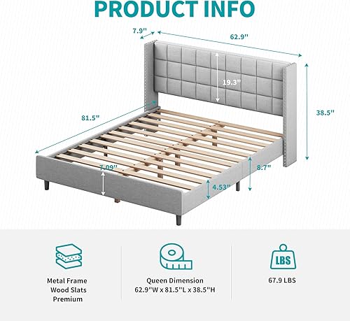 Miniatura 2 de BALUS Marco de cama de plataforma tamaño Queen con cabecero de respaldo aladomarco de cama tapizado con soporte de listones de madera macizafácil