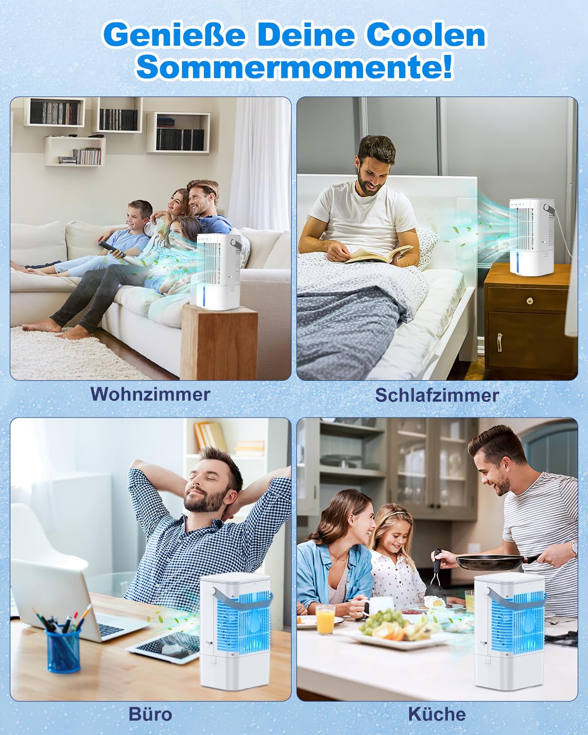 RenFox Mobiler Klimaanlage 4 in 1 Energiesparender Mini Luftkühler mit großem wassertank (1200 ml), 3 Stufen Verdunstungskühlung, 7 Farb LED, Timer und geräuscharm für Home Office und Schlafzimmer