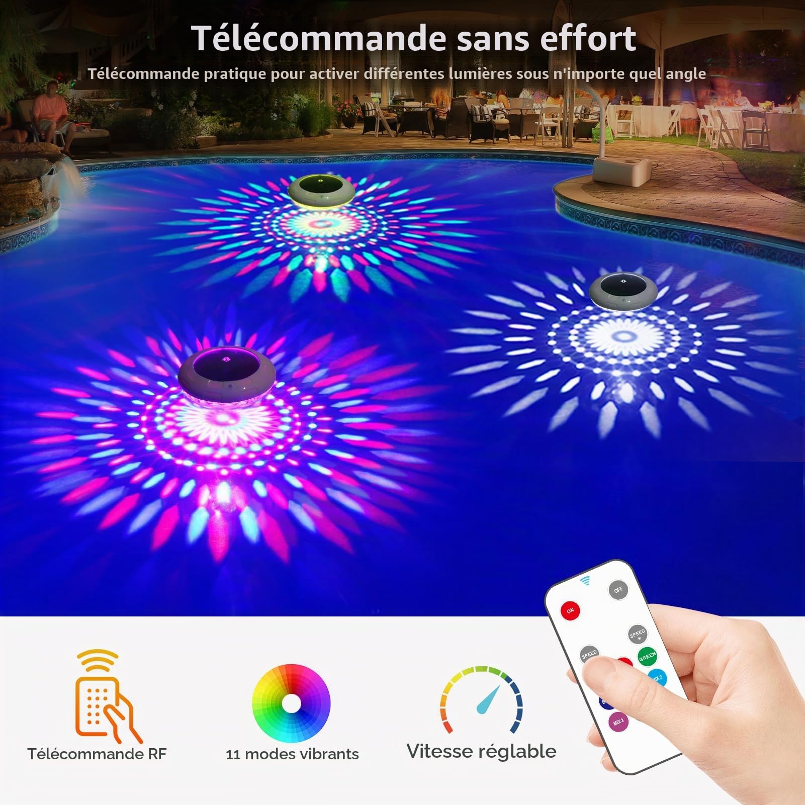 KingSom Lumiere Piscine Flottante avec Télécommande, Lampe Flottante Piscine Solaire avec 12 Modes Colorés, Étanche IP68 Lampe Piscine, Éclairage Piscine, Lumiere Piscine Hors Sol pour Spa-2 Pièces