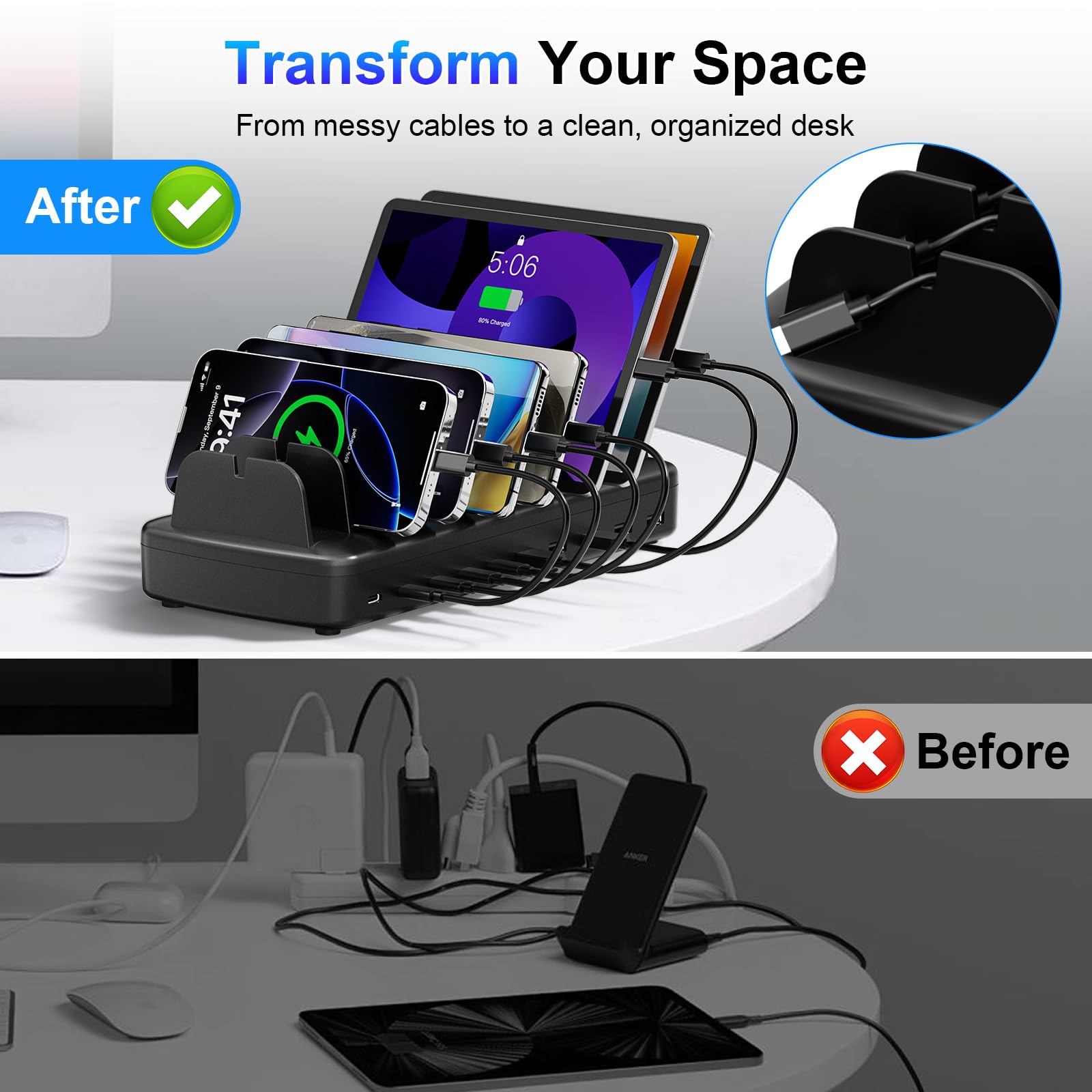 COTOP Estación de carga para varios dispositivos, 10 puertos de 65 W, cargador rápido para portátil, PD Desktop USB C Charging Station con soporte organizador, estaciones de carga doméstica