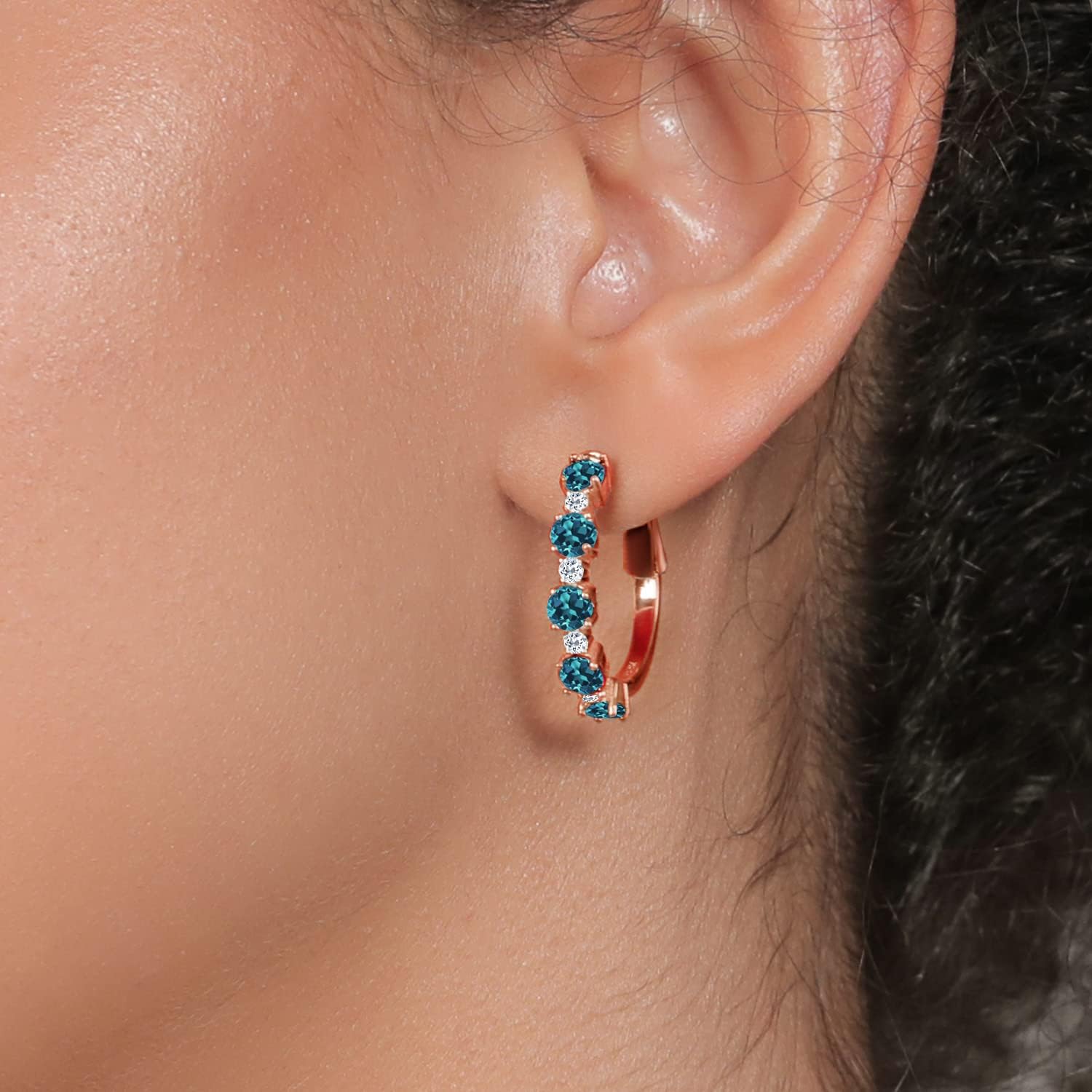 Gem Stone King 18K Rose Gold Plated Silver Gemstone Birthstone and White Topaz Hoop Earrings for Women | Round Cut 4MM and 1.9MM Stones | 1 Inch Diameter Hoops | Fine Jewelry for Her Mom Wife Women