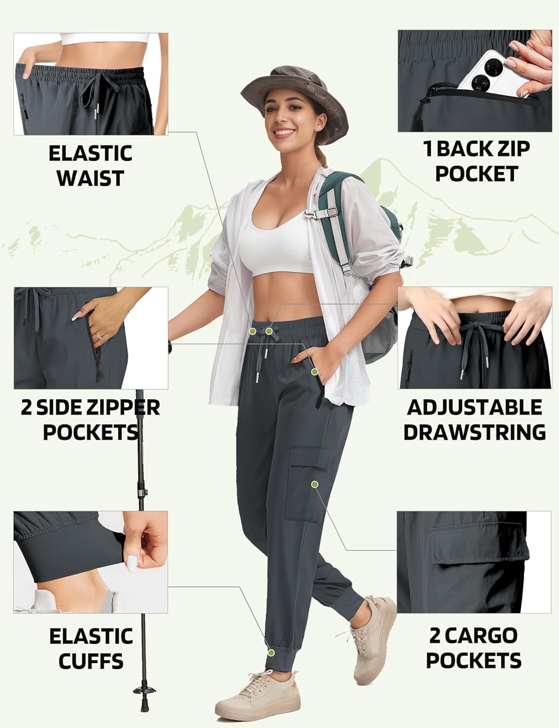 Buauty Womens Hiking Pants Pocketed Cargo Joggers Lightweight Quick Dry Waterproof Pants Elastic Waist Casual Travel Leggings - Image 4
