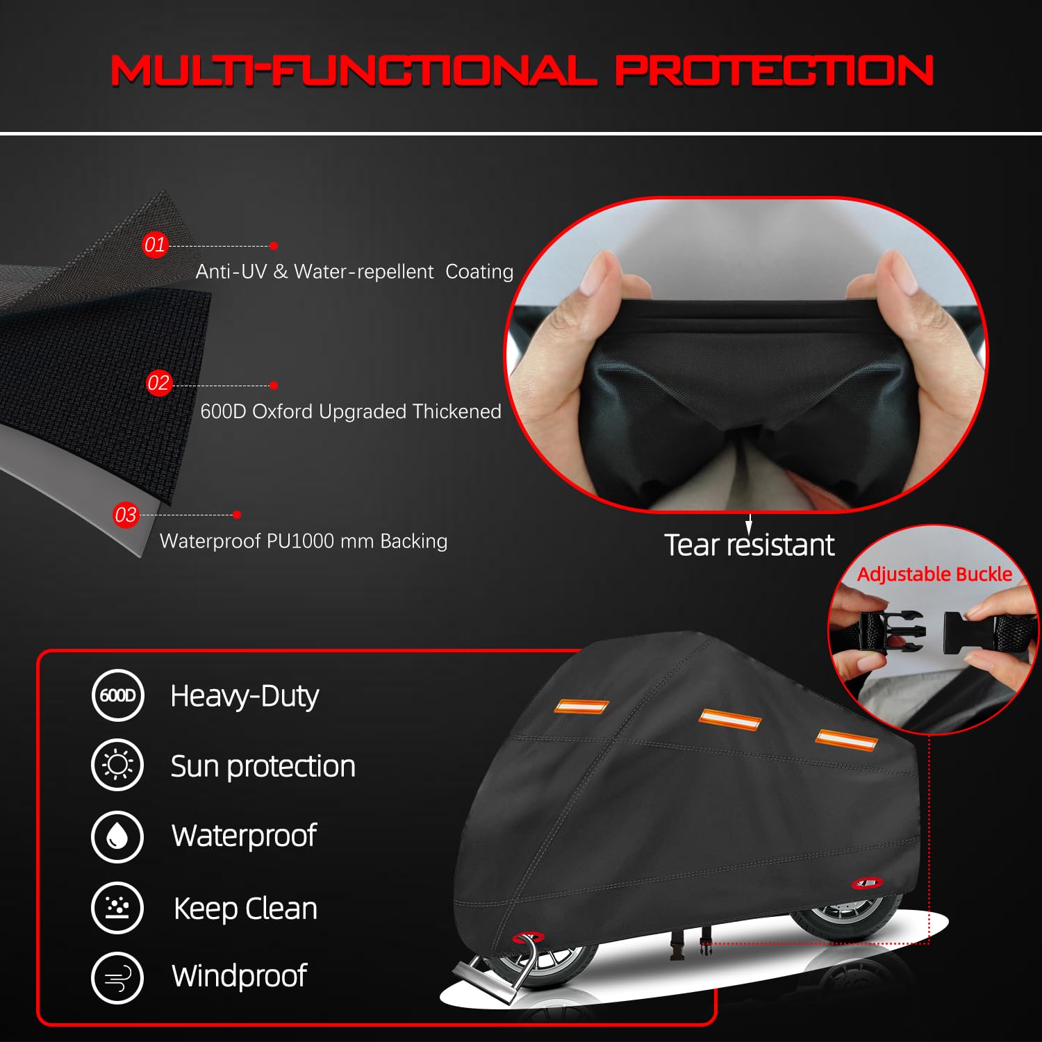 Plscoverit Housse de moto 600D très résistante et étanche à la poussière, protection pour scooter avec bandes réfléchissantes, trous de verrouillage et sac de rangement, 266,7 x 104,1 x 127 cm