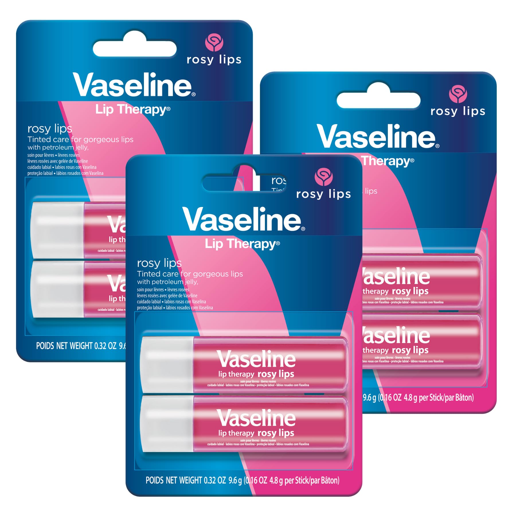 VaselineLip Therapy Care Rosy, Fast-Acting Nourishment, Ideal for Chapped, Dry, Cracked, or Damaged Lips, Lip Balm, 3-Pack of 2, 0.16 Oz Each, 6 Lip Balms