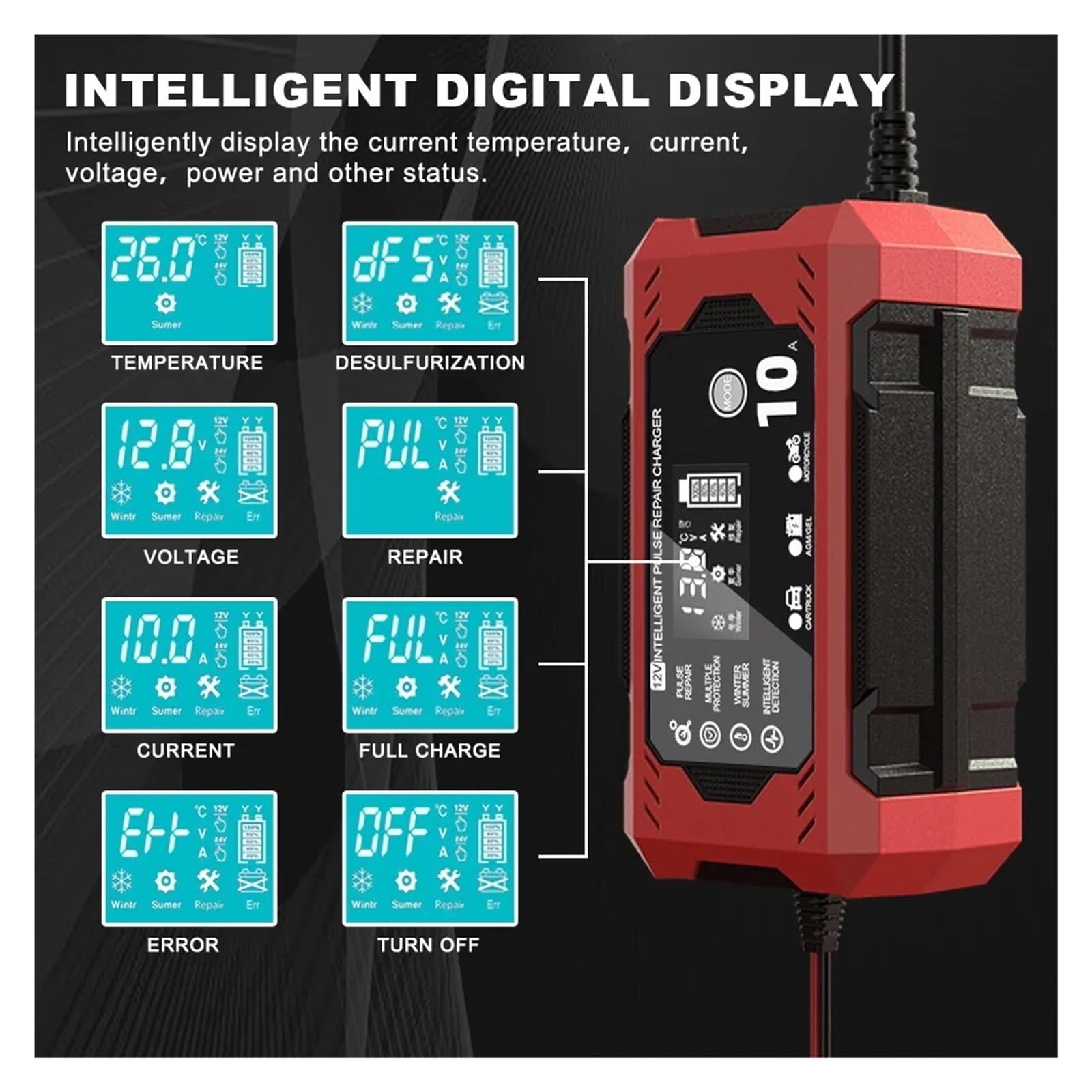 Ładowarka Samochodowa 12V 10A Urządzenie Do Ładowania Akumulatora Motocykla Samochodowego Akumulator Kwasowo-ołowiowy Inteligentna Naprawa Wyświetlacza LCD Wydajne Szybkie ładowanie