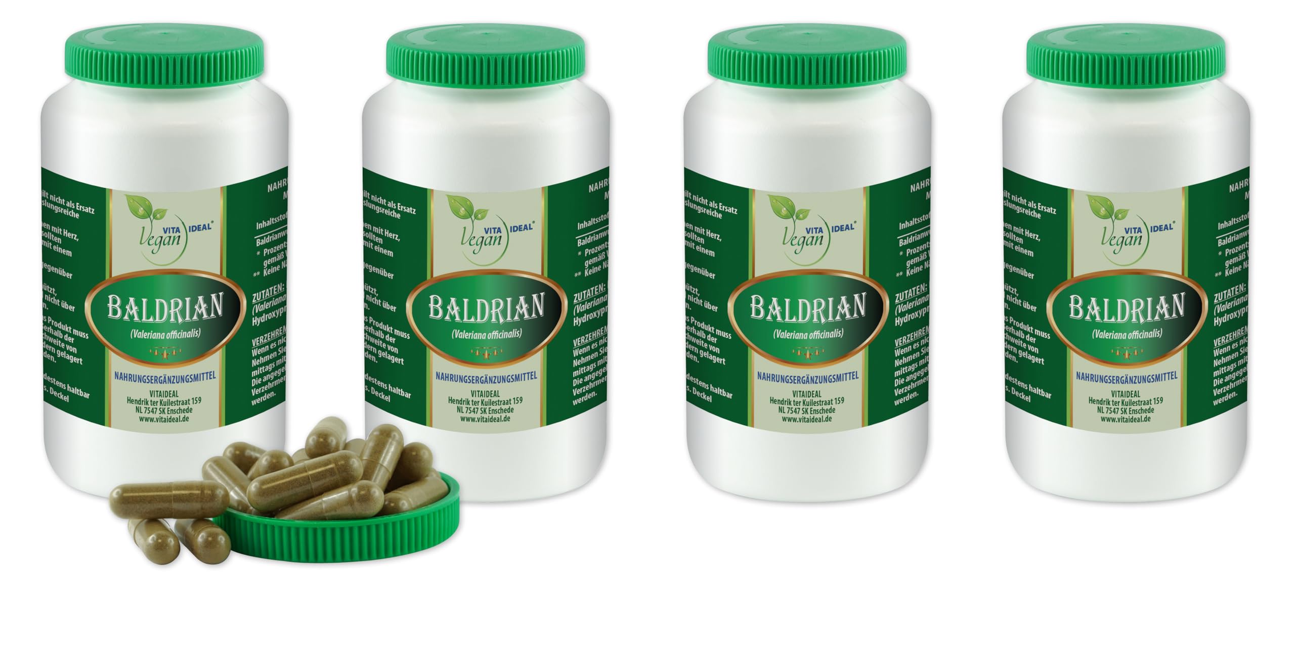 VITA IDEAL Vegan® Baldrian Wurzel 4x 360 Kapseln - Valeriana officinalis - Tagesportion 1000mg Baldrianwurzel reines Pulver. Natürlich, pflanzlich und ohne Zusatzstoffe, original von VITAIDEAL.