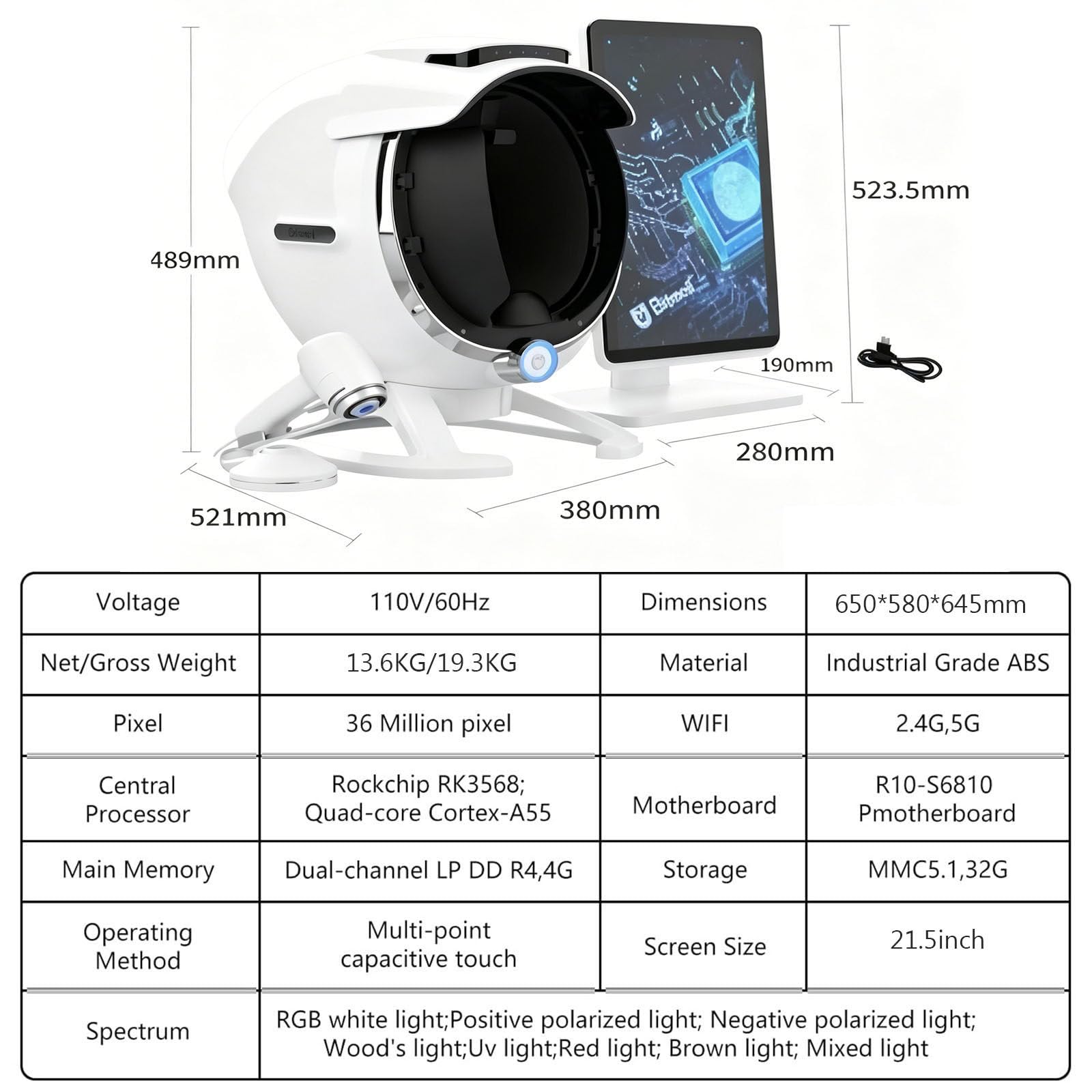 Urządzenie A6 AI do analizy skóry – 36 MP HD, diagnostyka twarzy dla salonów i SPA, 8-spektralny analizator nawilżenia, rekomendacje produktów, obsługa wielu języków 21.5inch