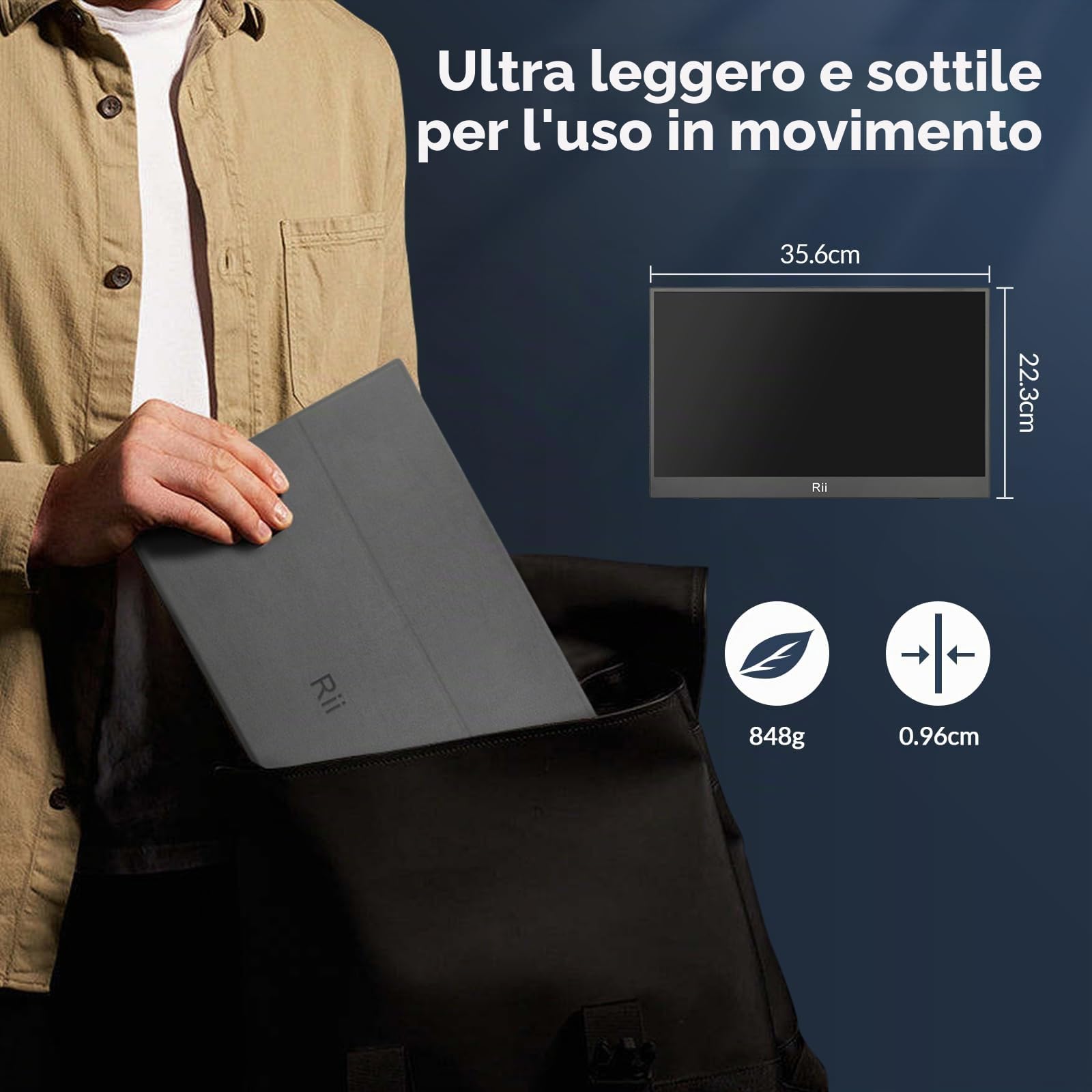Rii RS100 - Monitor multimediale portatile 15.6" ultra sottile, IPS Full HD 1080p 60 Hz, HDR, Eye Care, 16:9, Altoparlanti stereo integrati, Ingressi audio/video USB-C e Mini HDMI, cover con supporto