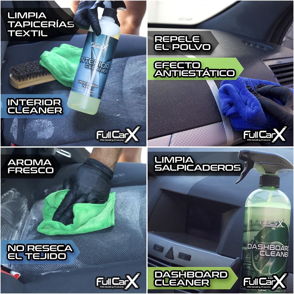 FULLCARX Kit Limpieza Coche Exterior Interior Detailing, Limpia Llantas, Tapicería, Renovador Plásticos Salpicaderos, Champú PH Neutro y Alcalino Rosa, Cera Carnauba, APC Listo al Uso Limpiacristales