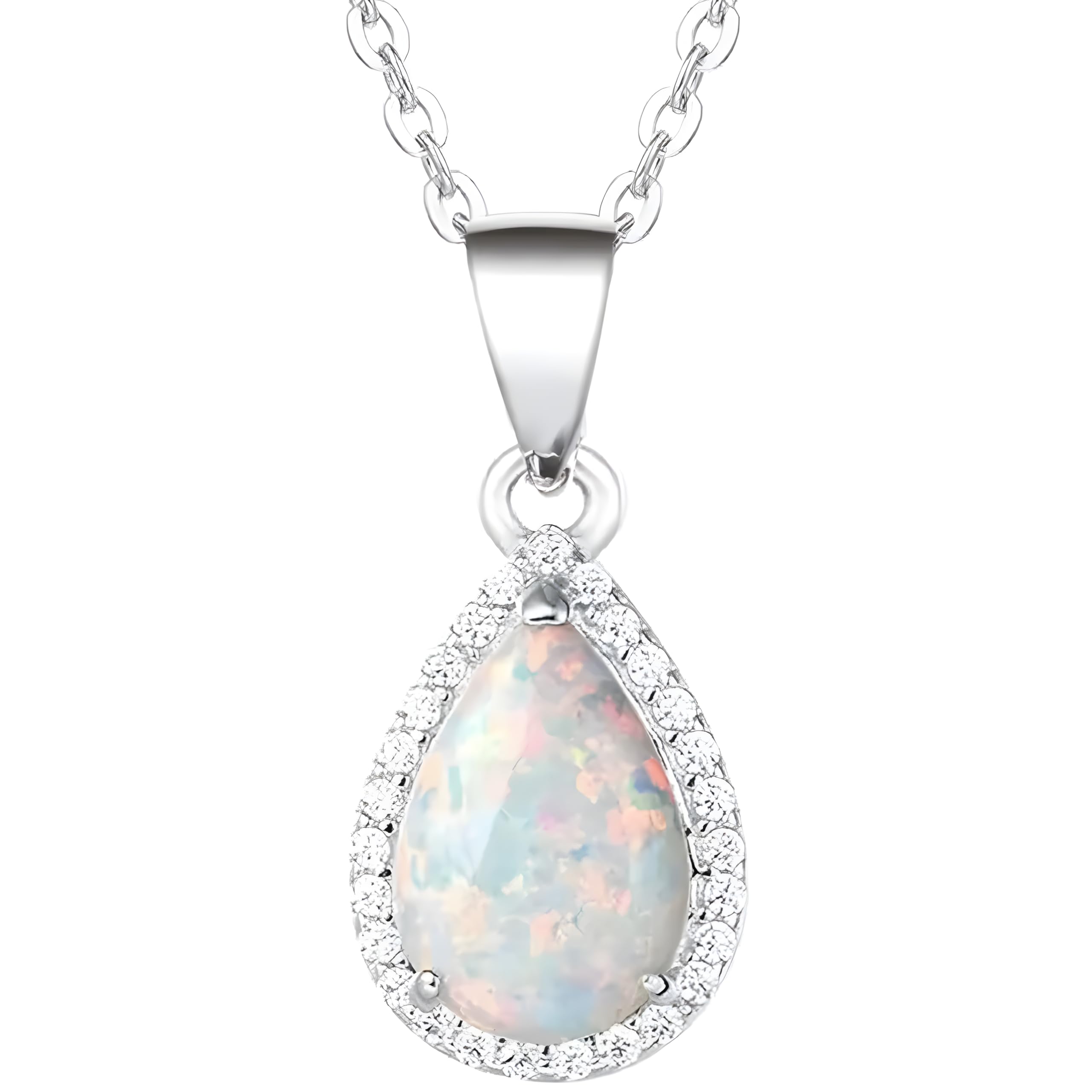 Opal Teardrop Pendant Necklace for Women | Silver Tone Crystal Halo Pear Shape Pendant with Stainless Steel Chain | Non-Allergic Anti Tarnish Stainless Steel Not Fade XL Chain | Fashion Jewelry Gift for Girls & Women-image-31