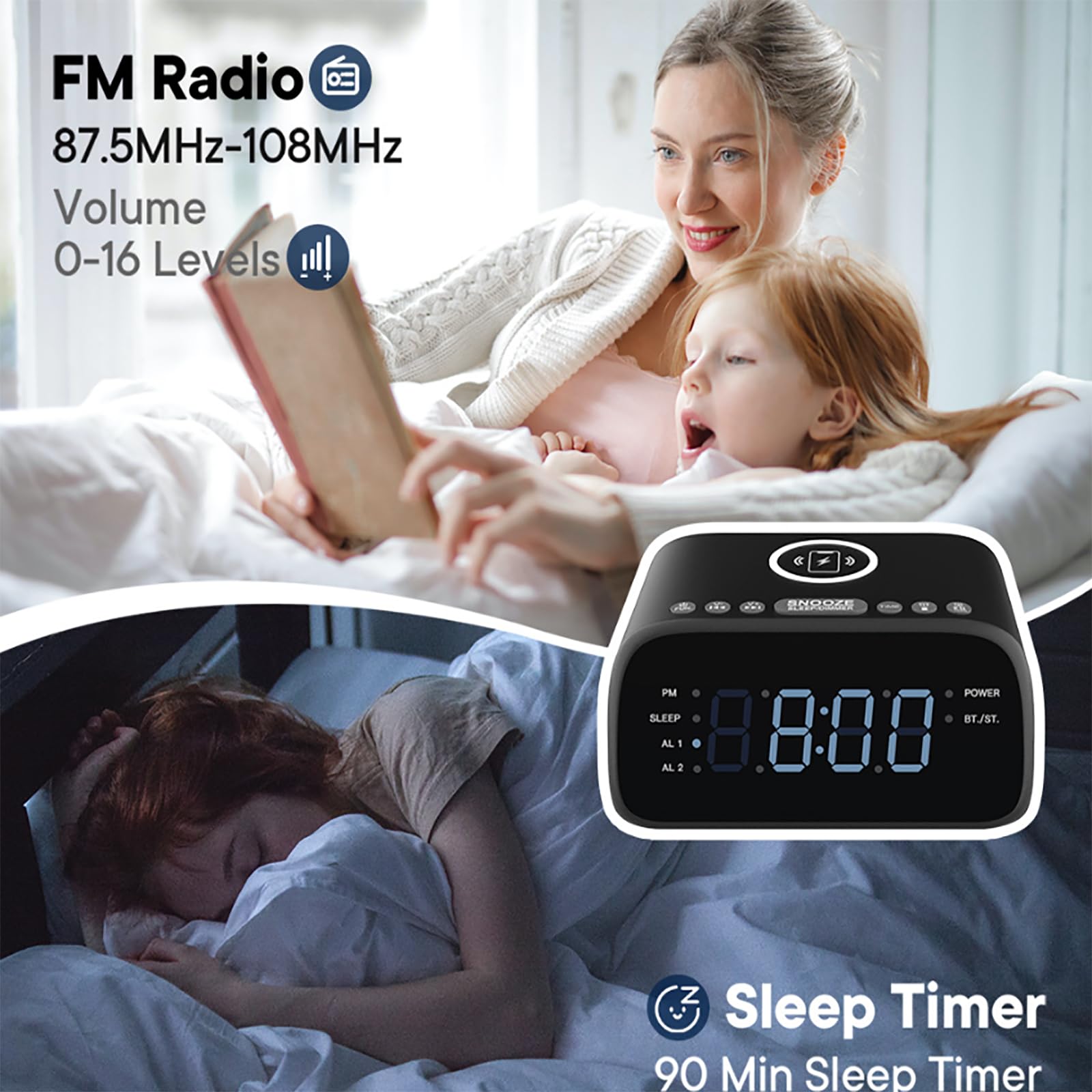 ERICAT Haut-Parleur Bluetooth avec Réveil Numérique, Haut-Parleur De Réveil Intelligent, Radio-réveil FM, Veilleuse LED Réglable Et 3 Niveaux De Luminosité, Facile À Utiliser, pour Chambre, Maison