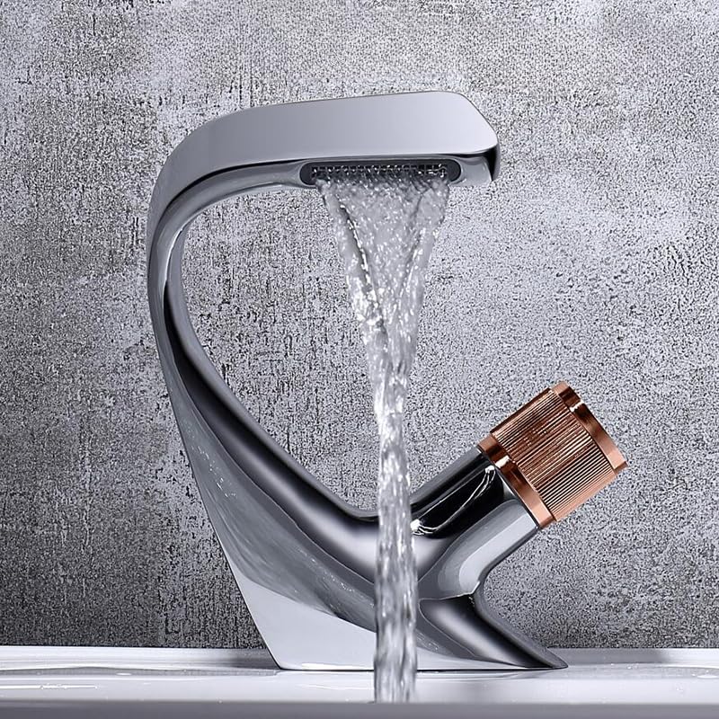 Grifo de lavabo de latón negro y acabado oro rosa con monomando de agua fría y caliente