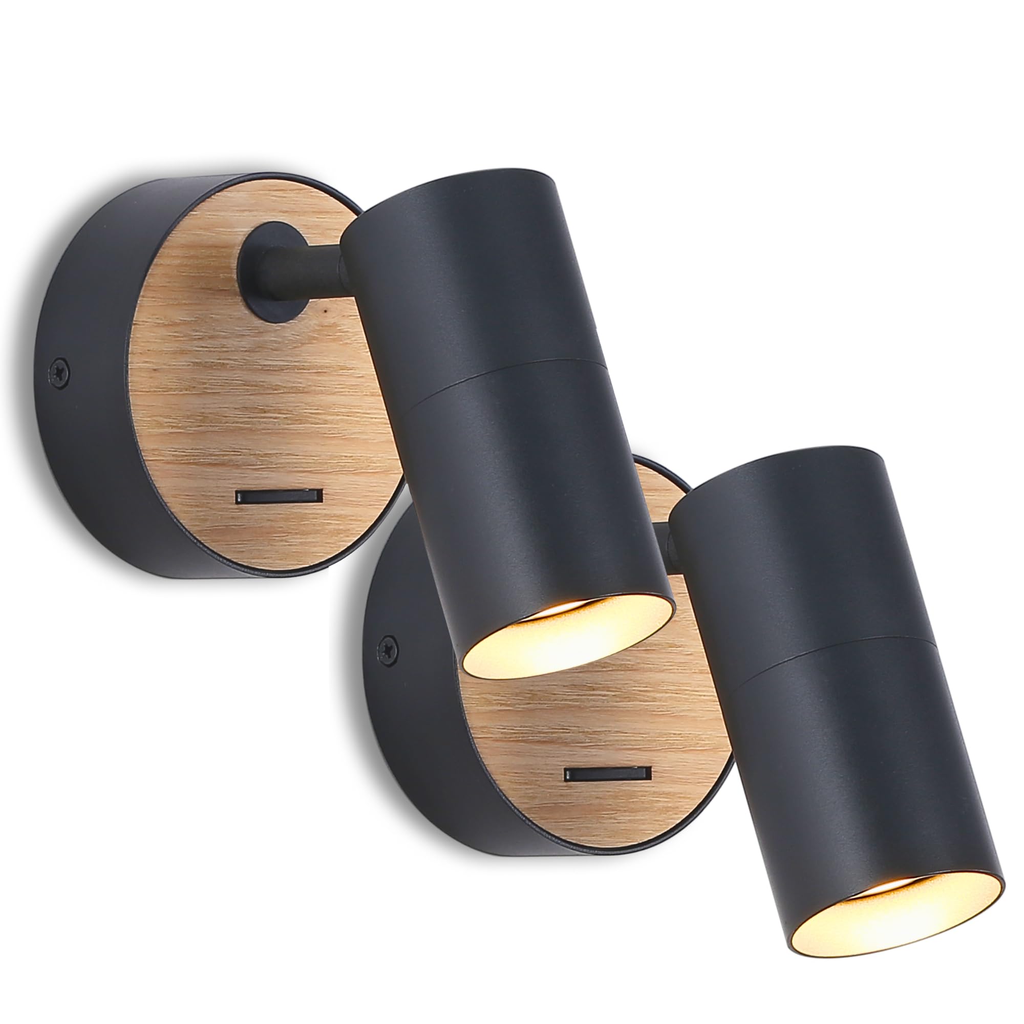 2er Set verstellbare schwarze Aluminium-Wandlampen mit Holz GU10 Wandspot Leselampen mit Schalter Innen ohne Leuchtmittel