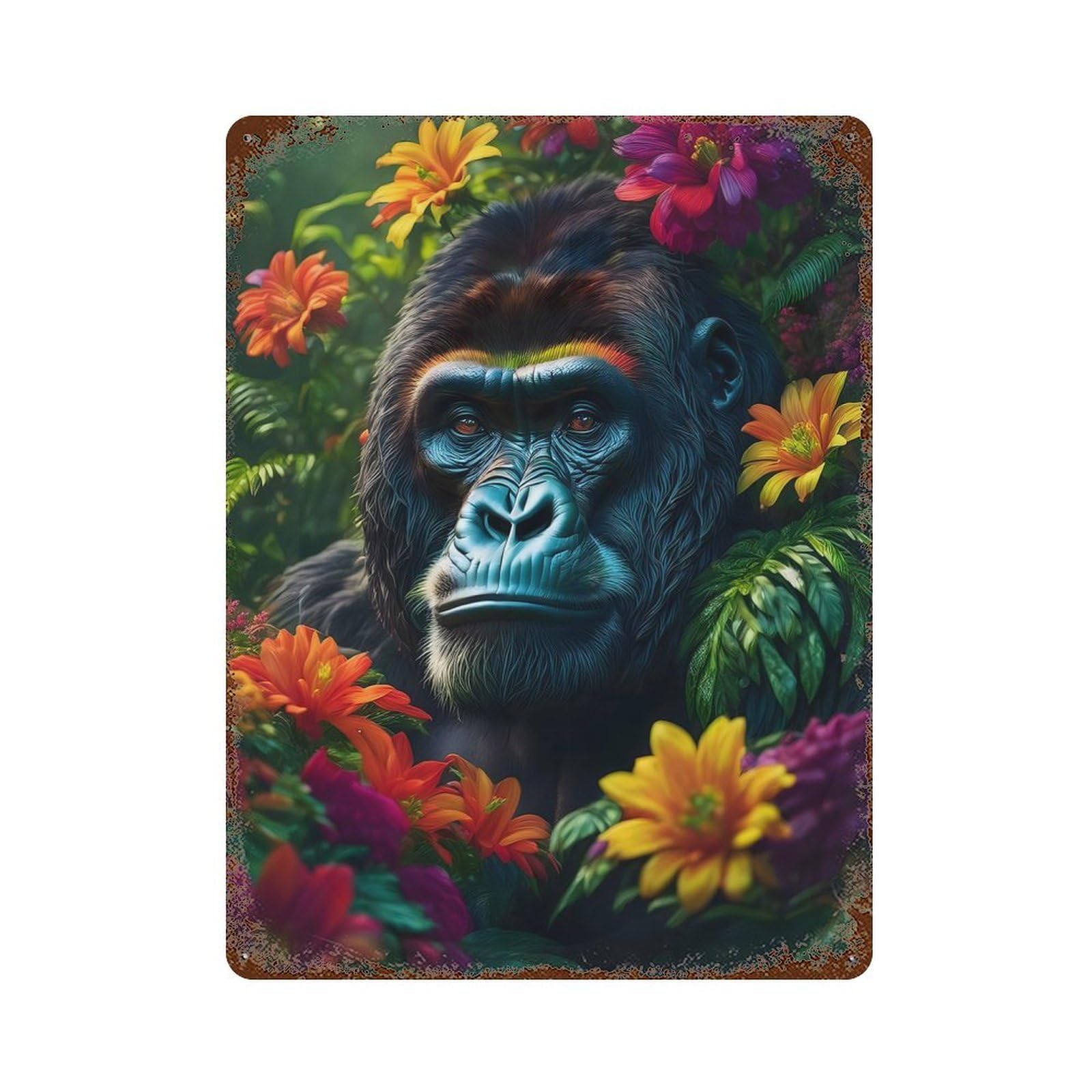 Gorilla in Flowers Distressed Metal Wall Sign 15.7"x11.8", for Farmhouse, Kitchen And Entryway Decor, Rustic Home Decor