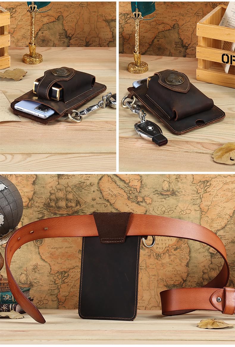 Męskie etui na telefon z prawdziwej skóry uniwersalne etui z klipsem na pasek do iPhone'a Samsung Vintage torba (kawa)